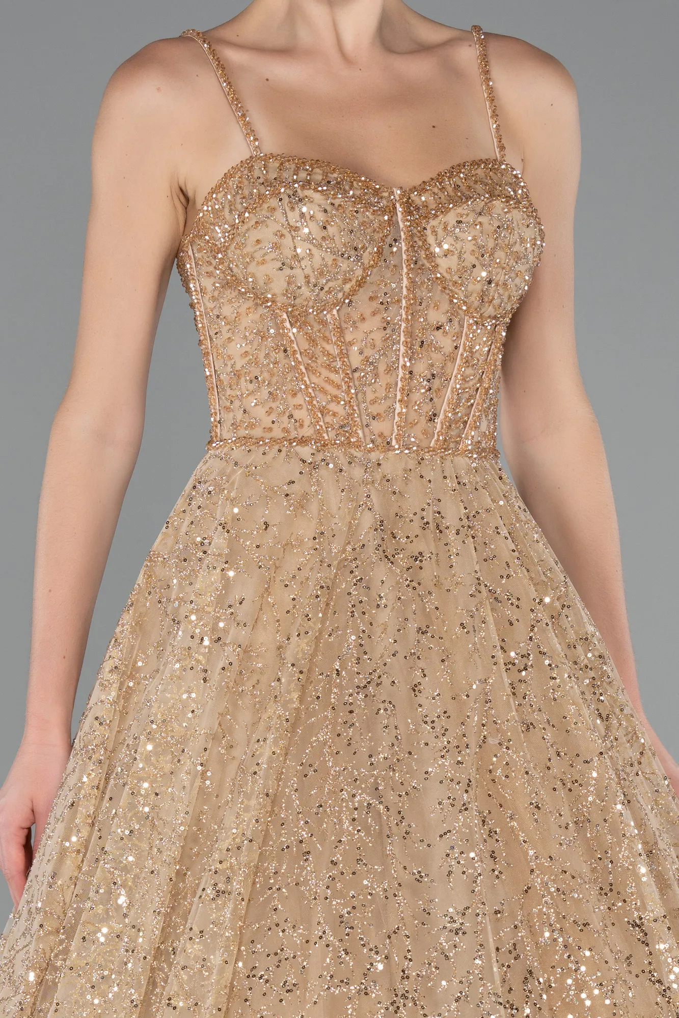 Gold-Strappy Glitter Long Ball Gown ABU3839