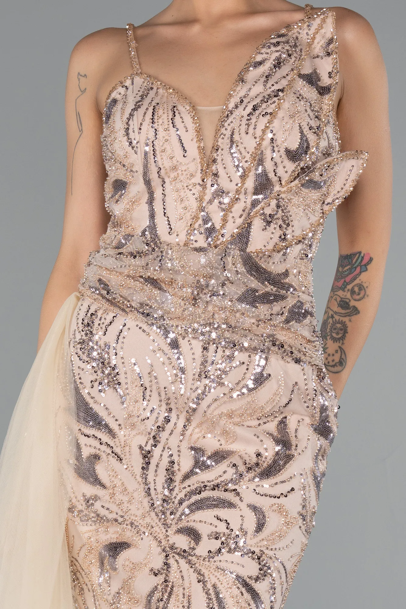 Gold-Strappy Tail Long Beaded Special Design Evening Dress ABU5003