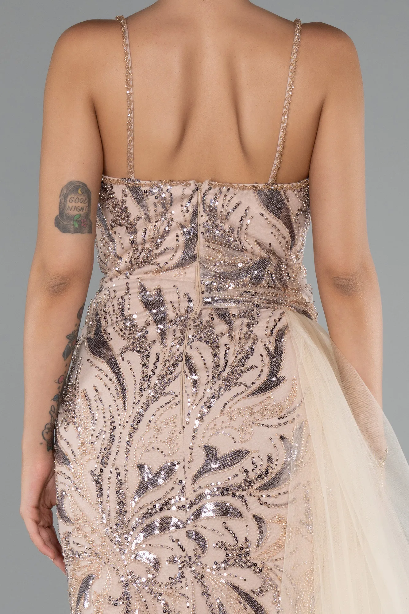 Gold-Strappy Tail Long Beaded Special Design Evening Dress ABU5003