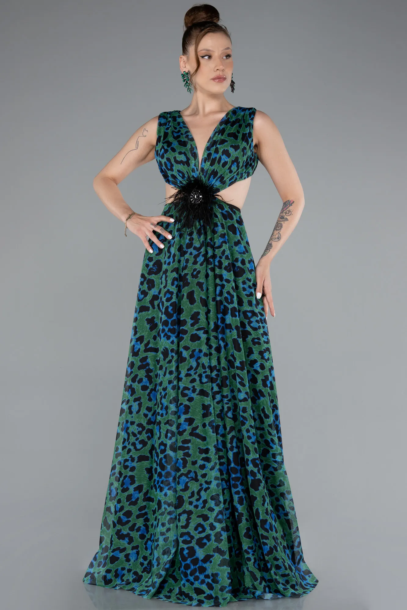 Green-Backless Cut Out Long Print Prom Dress ABU5005