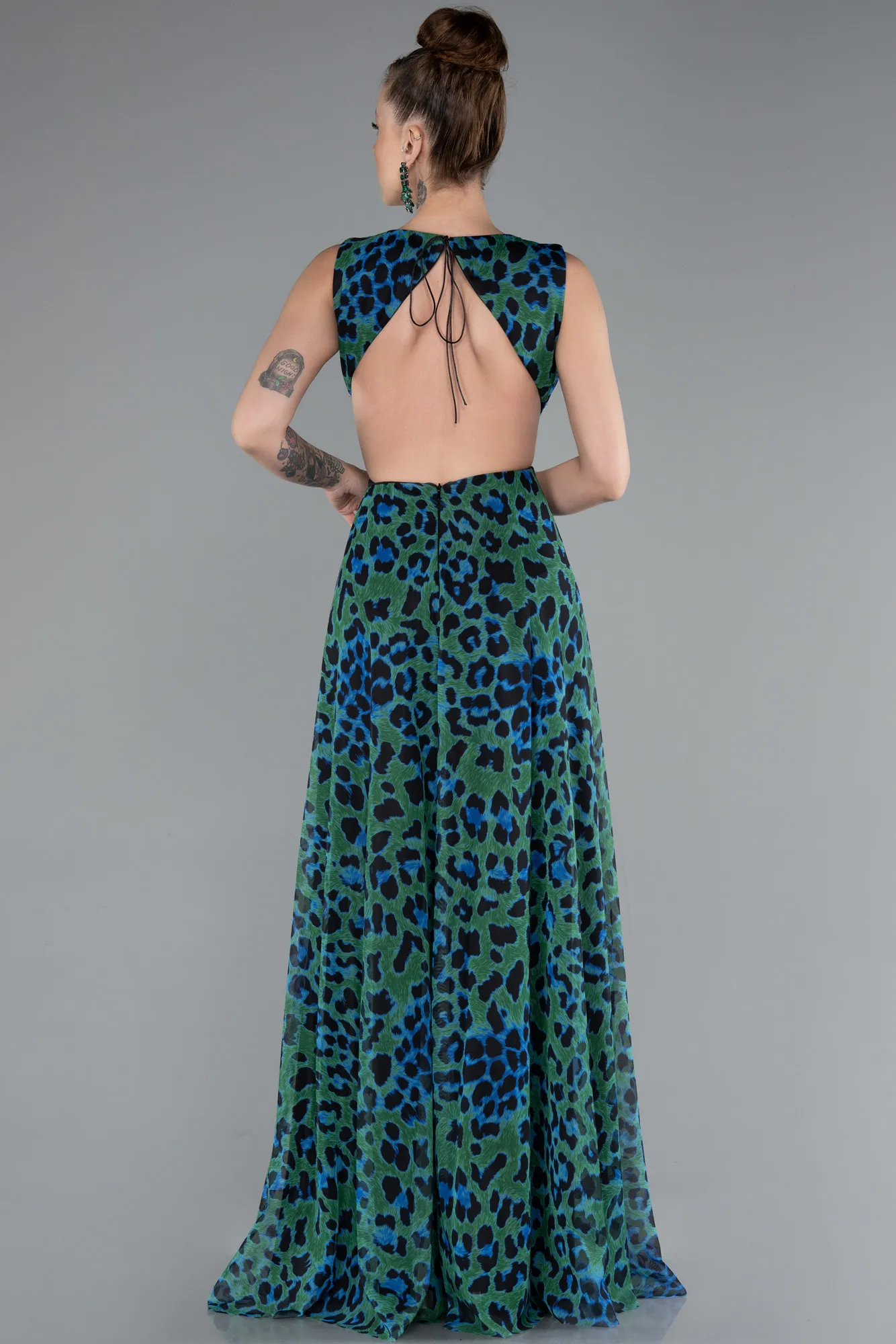 Green-Backless Cut Out Long Print Prom Dress ABU5005