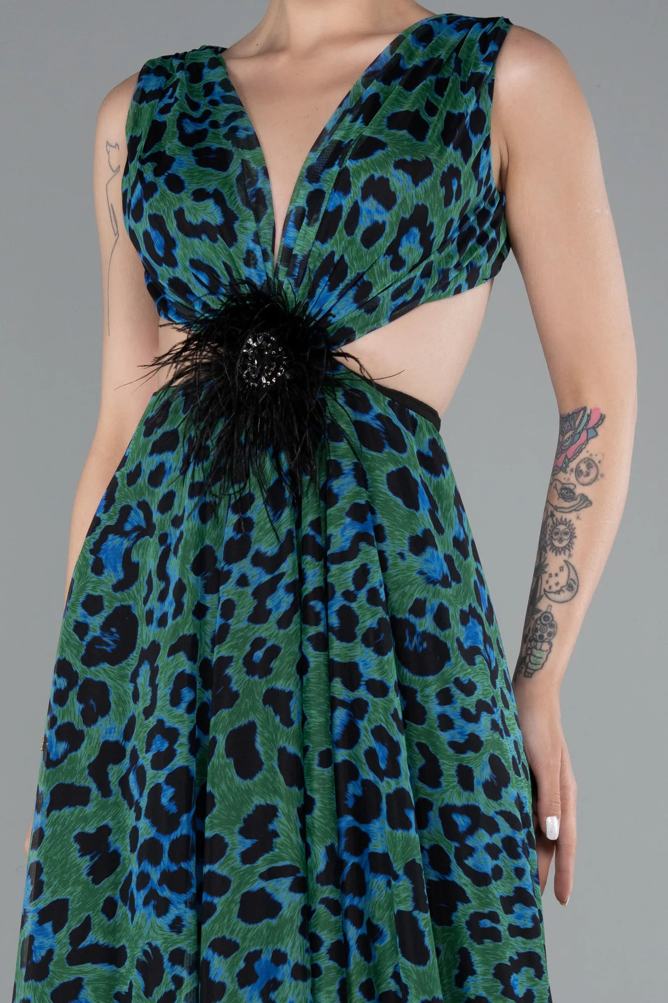 Green-Backless Cut Out Long Print Prom Dress ABU5005