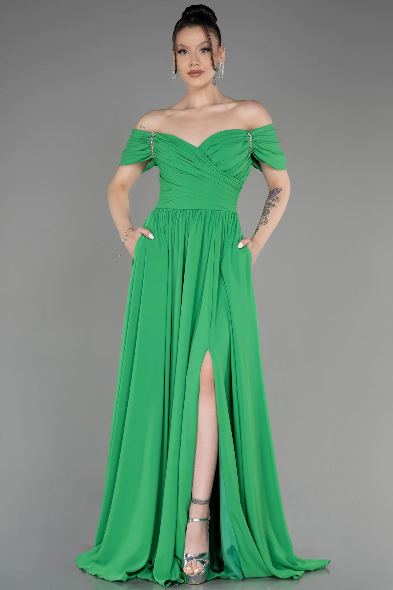 Green-Long Chiffon Evening Dress ABU3827