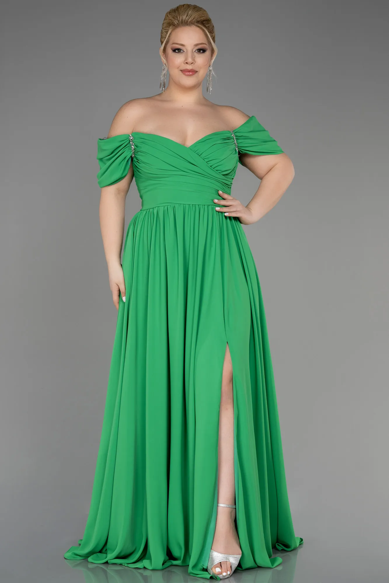 Green-Boat Neck Long Chiffon Plus Size Prom Dress ABU3738