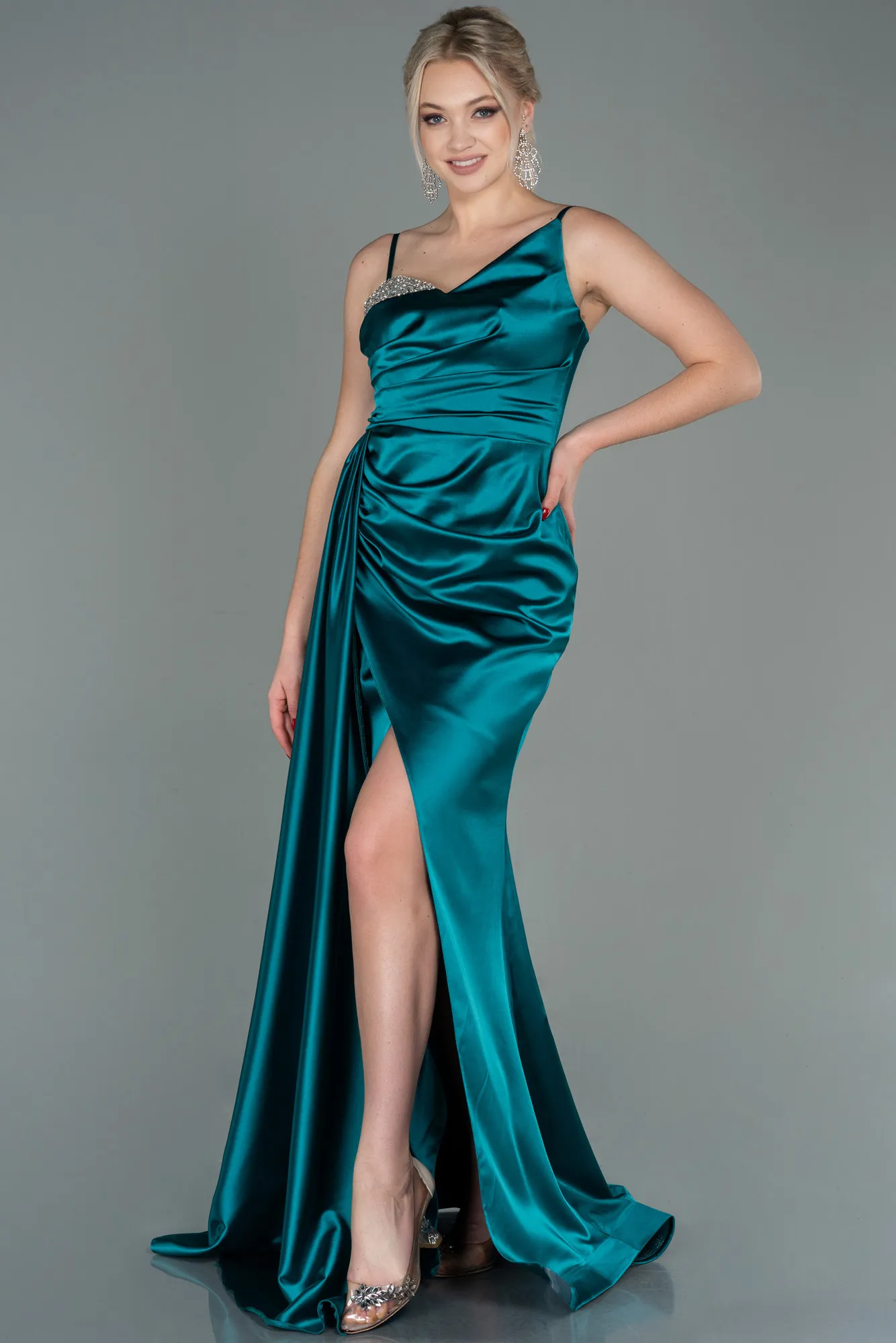 Green-Long Satin Evening Dress ABU2768