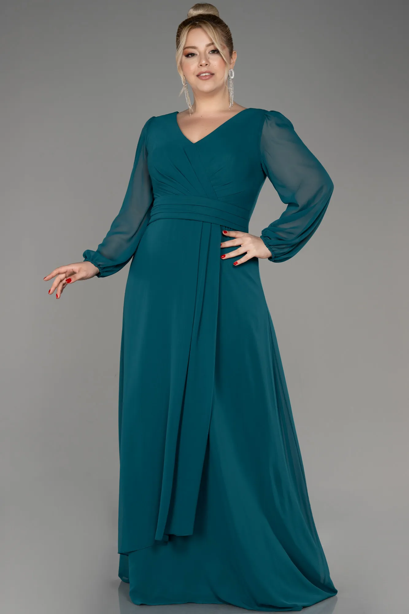 Green-Long Sleeve Chiffon Plus Size Evening Dress ABU3938