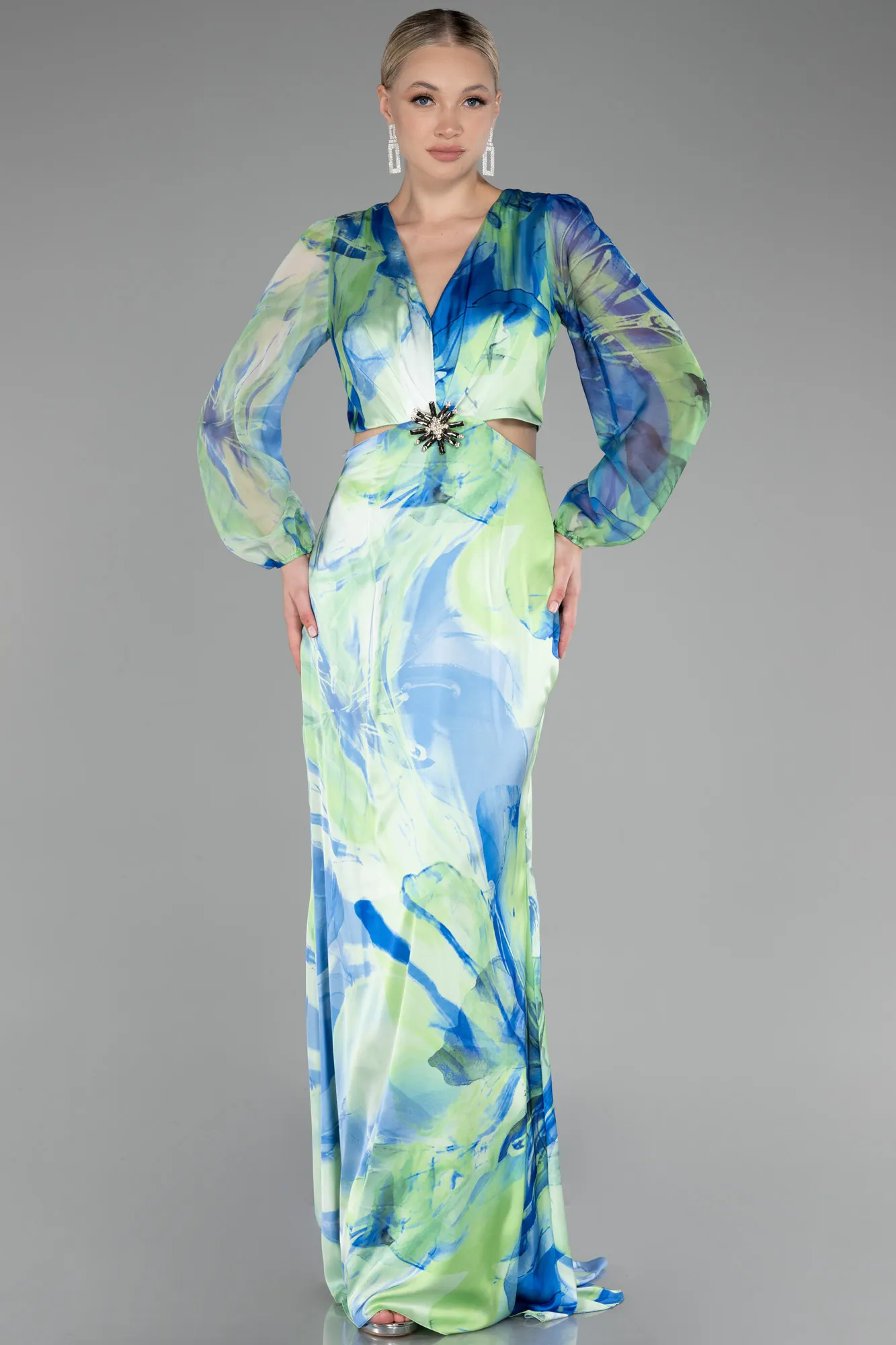 Green-Long Sleeve Cut Out Patterned Satin Evening Dress ABU4067