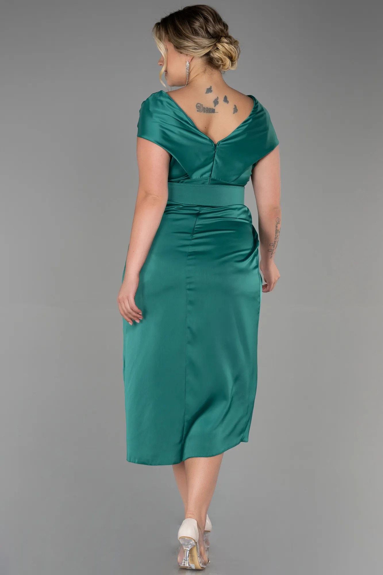 Green-Midi Satin Plus Size Evening Dress ABK1499