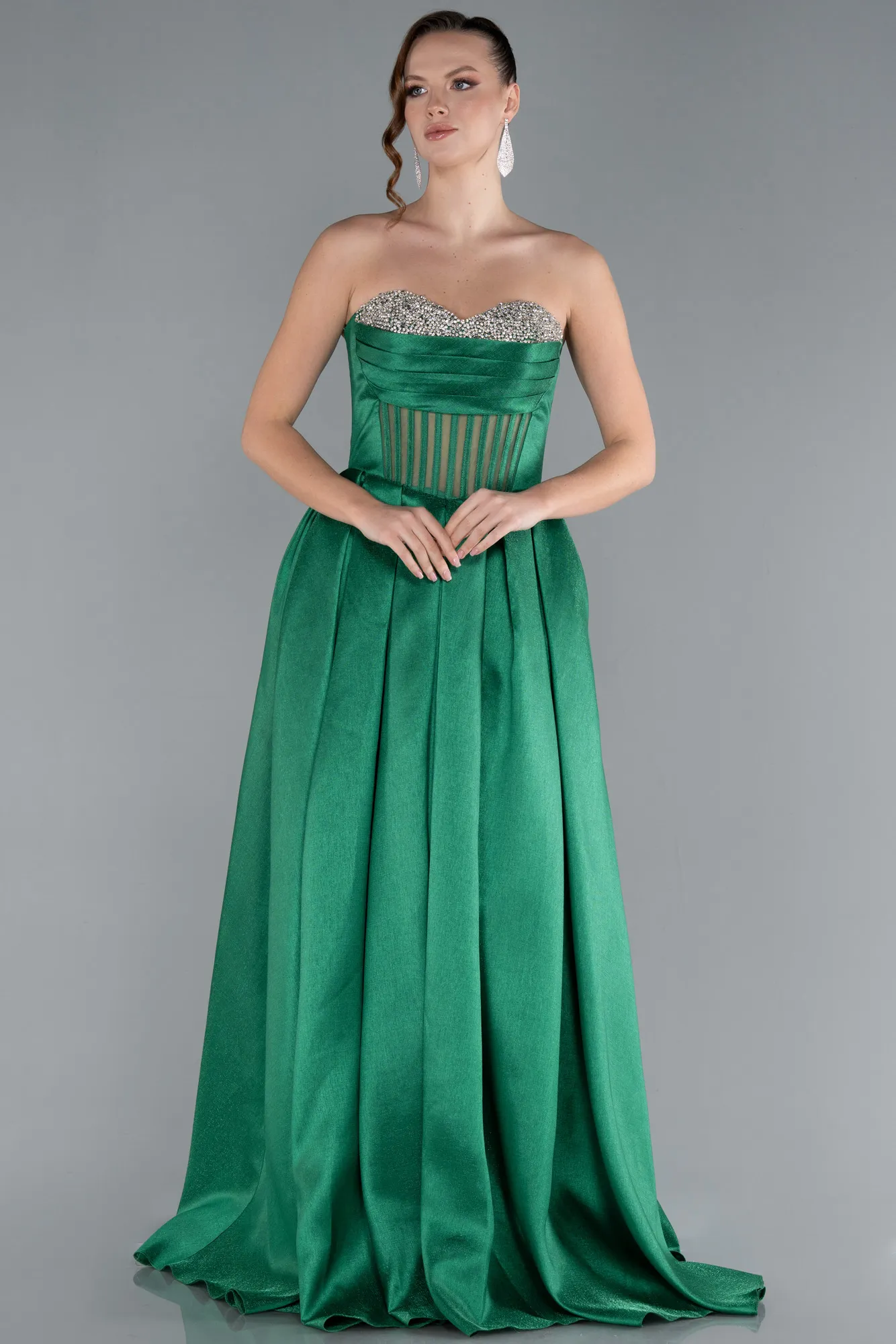 Green-Stoned Strapless Underwire Corset Long Satin Prom Dress ABU4742