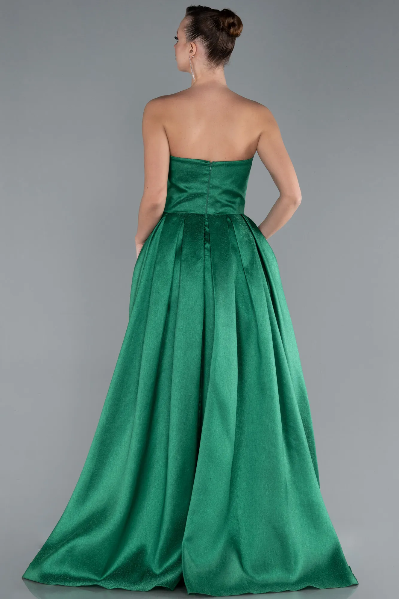 Green-Stoned Strapless Underwire Corset Long Satin Prom Dress ABU4742