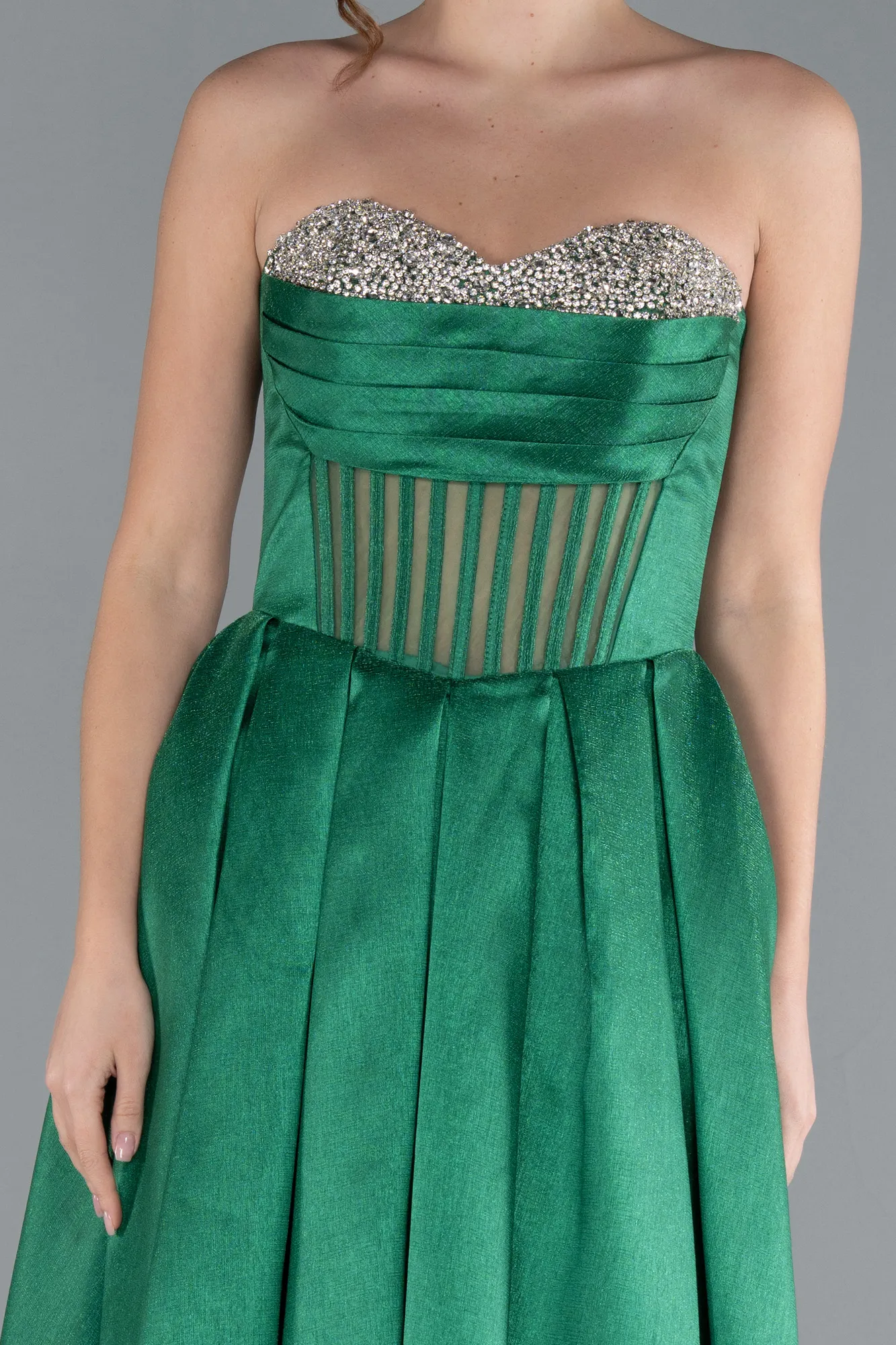 Green-Stoned Strapless Underwire Corset Long Satin Prom Dress ABU4742