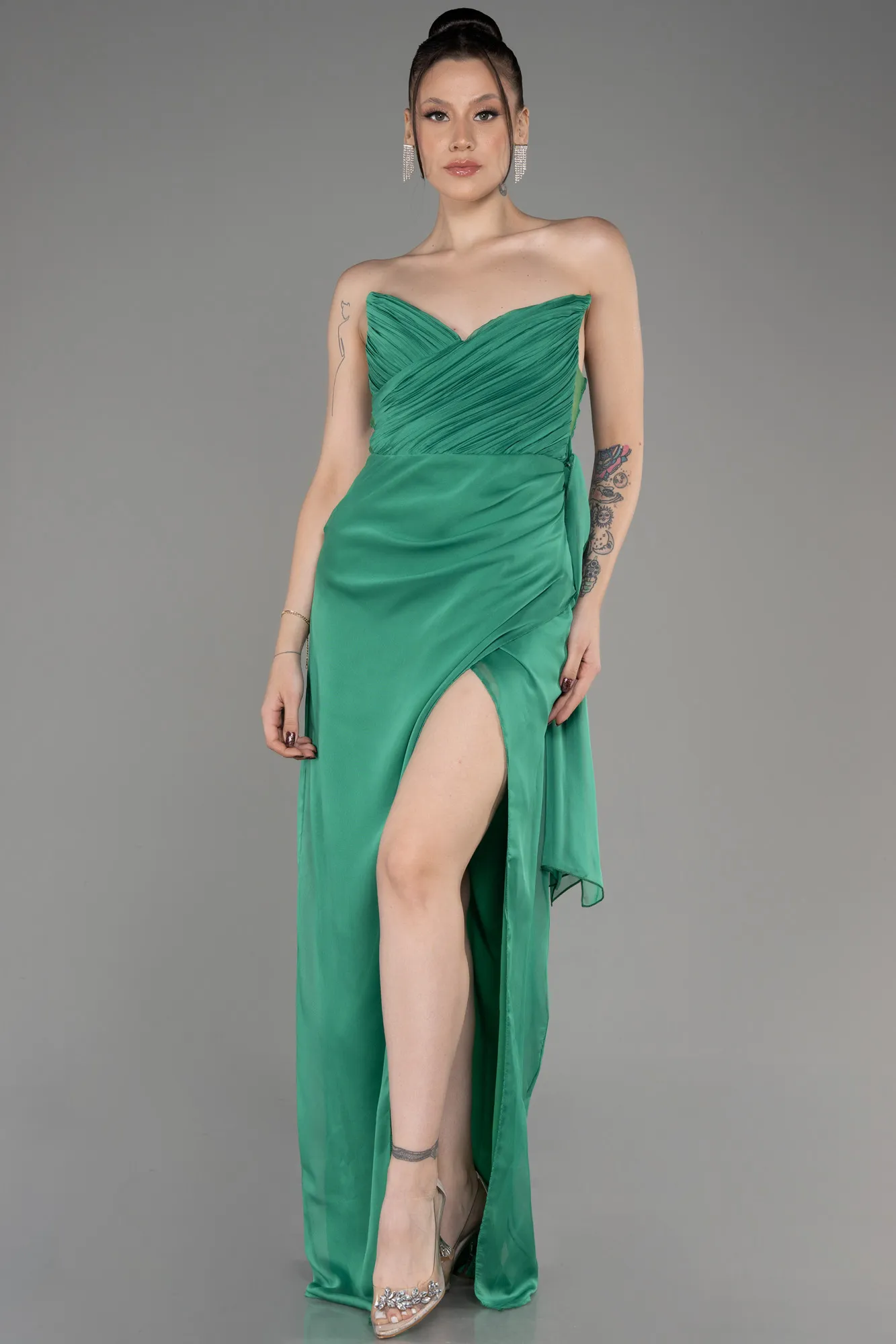 Green-Strapless Slit Long Chiffon Evening Dress ABU3947
