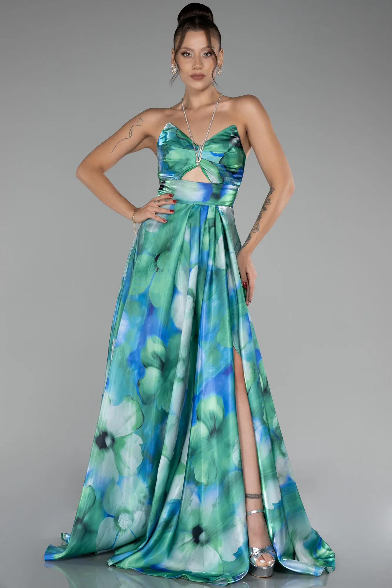Green-Strapless Slit Long Printed Evening Gown ABU4156