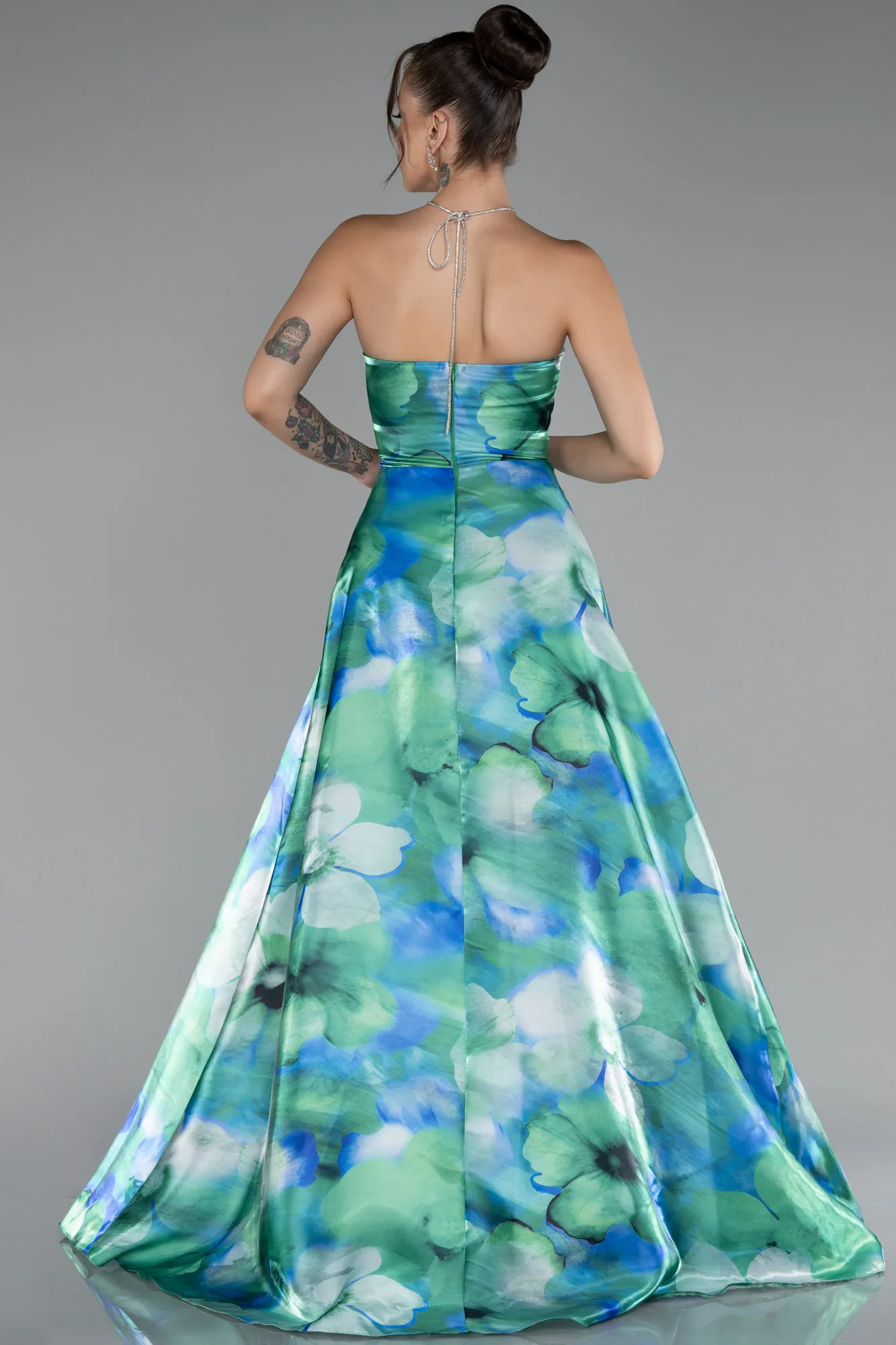 Green-Strapless Slit Long Printed Evening Gown ABU4156