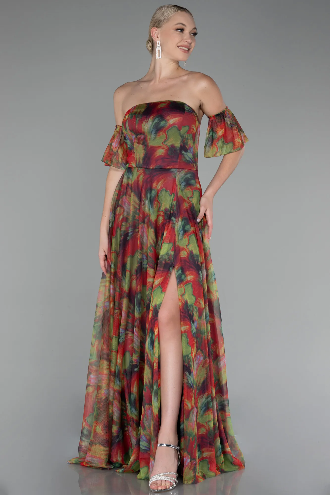 Green-Strapless Slit Long Printed Prom Dress ABU4129