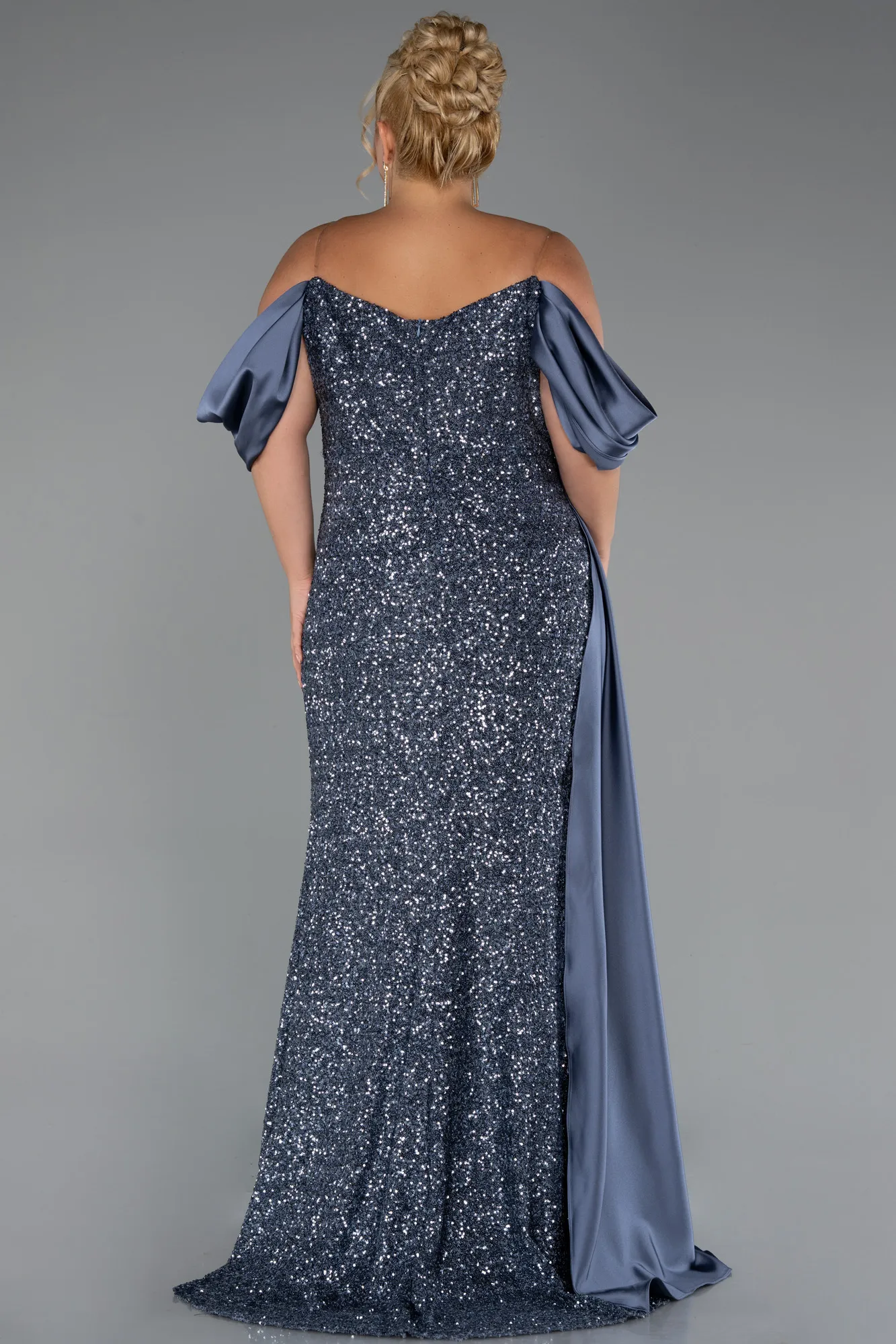 Grey-Indigo-Boat Neck Long Sequined Plus Size Evening Gown ABU4086