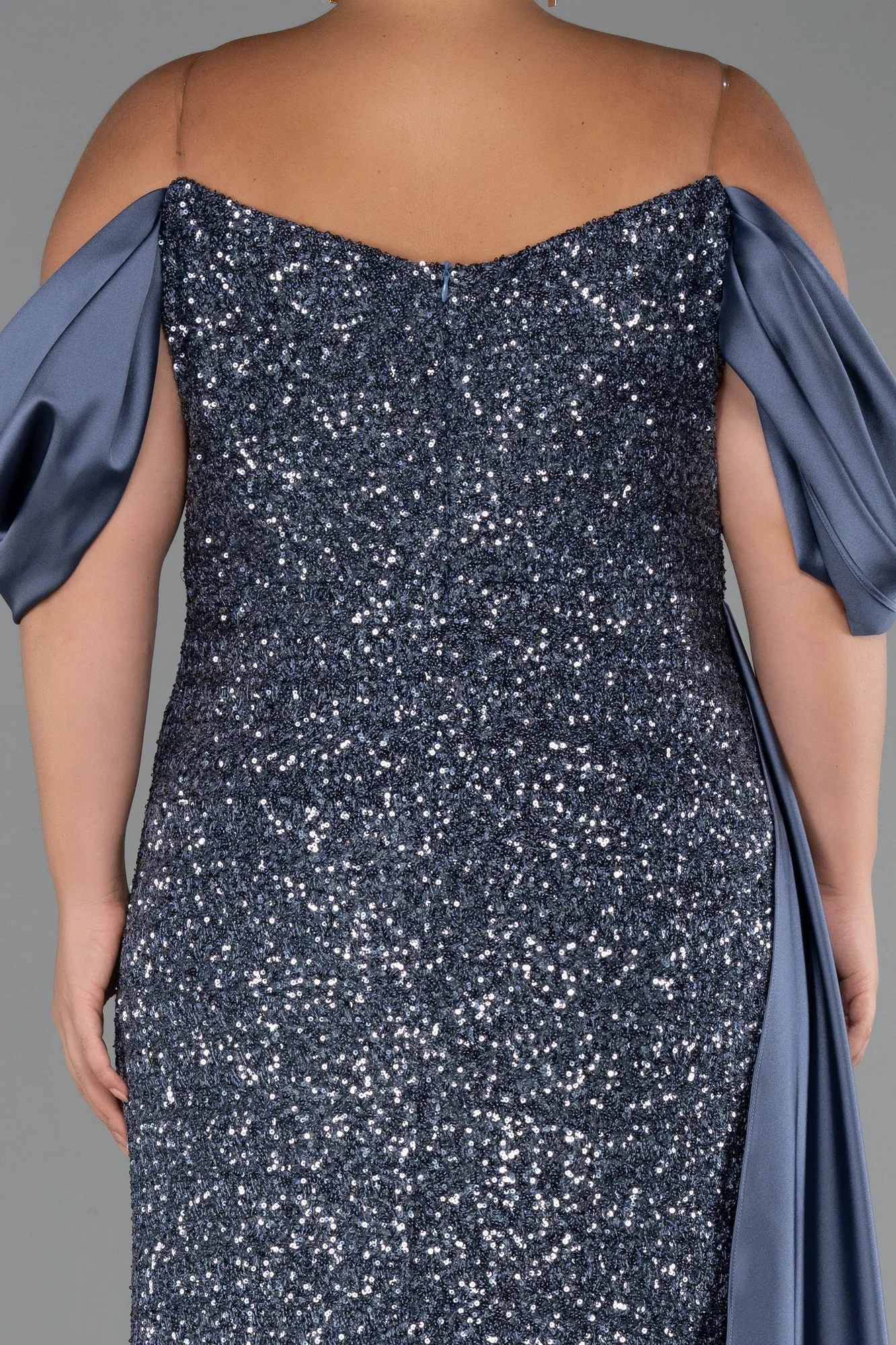 Grey-Indigo-Boat Neck Long Sequined Plus Size Evening Gown ABU4086