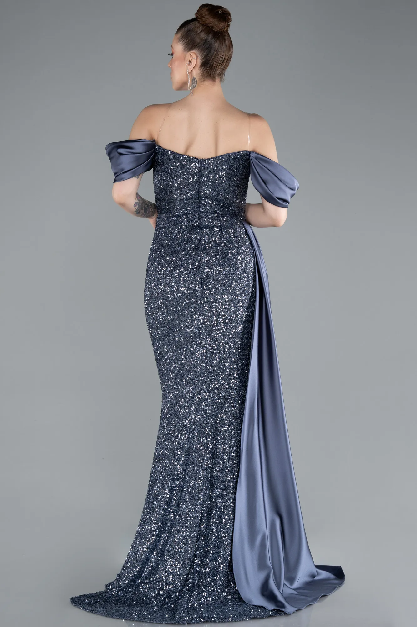 Grey-Indigo-Boat Neck Slit Long Sequined Evening Gown ABU4085