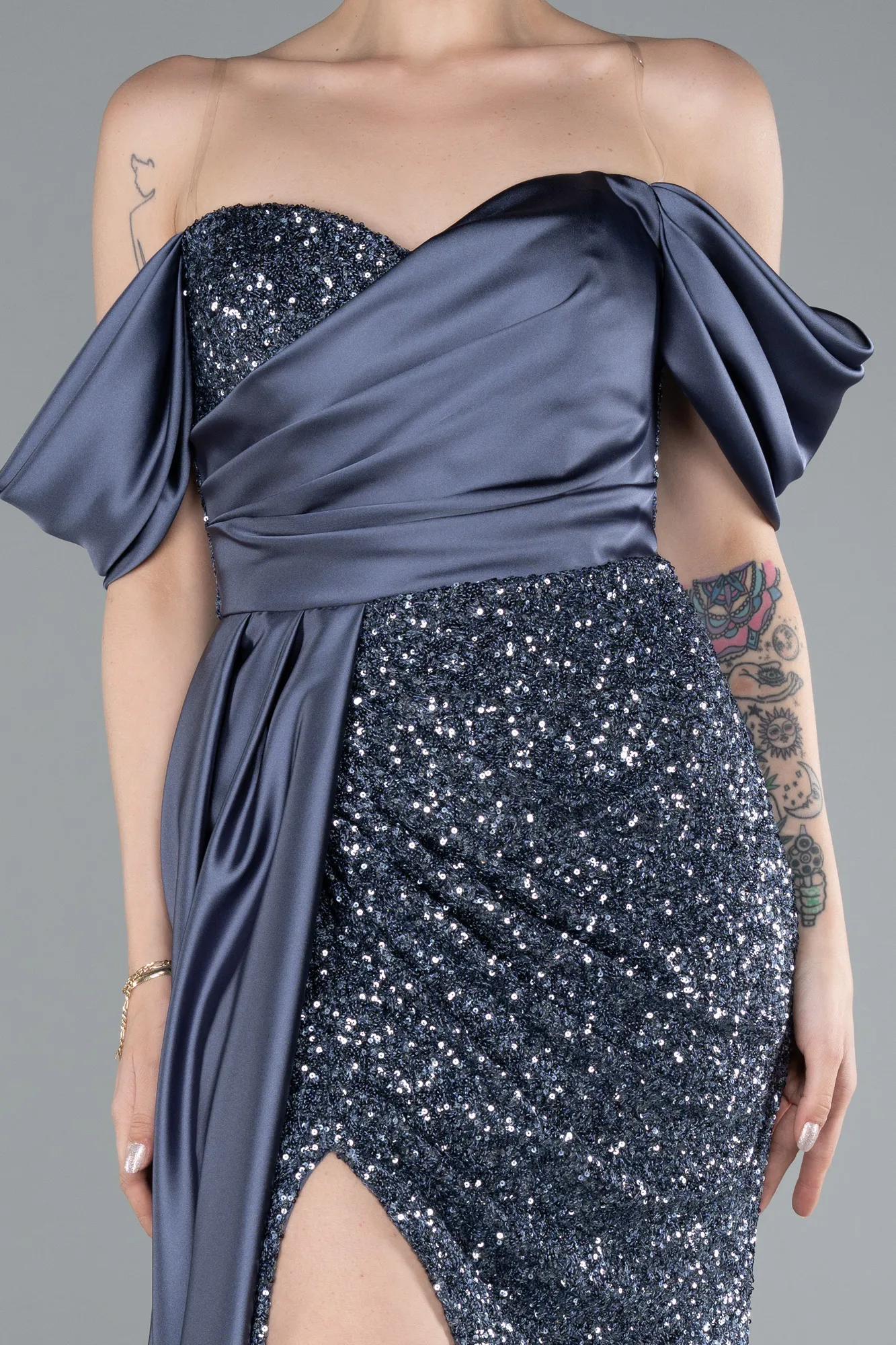 Grey-Indigo-Boat Neck Slit Long Sequined Evening Gown ABU4085