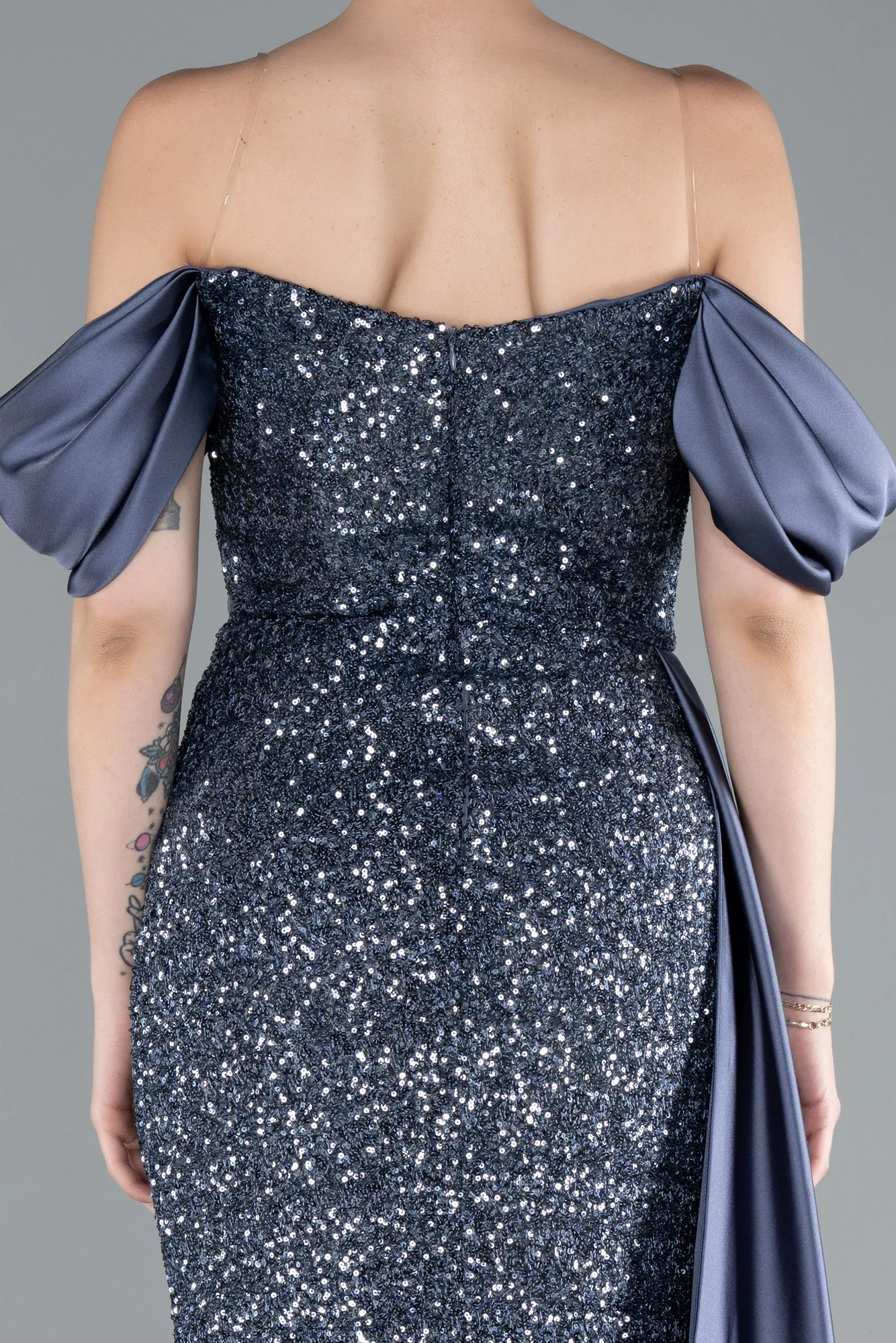 Grey-Indigo-Boat Neck Slit Long Sequined Evening Gown ABU4085