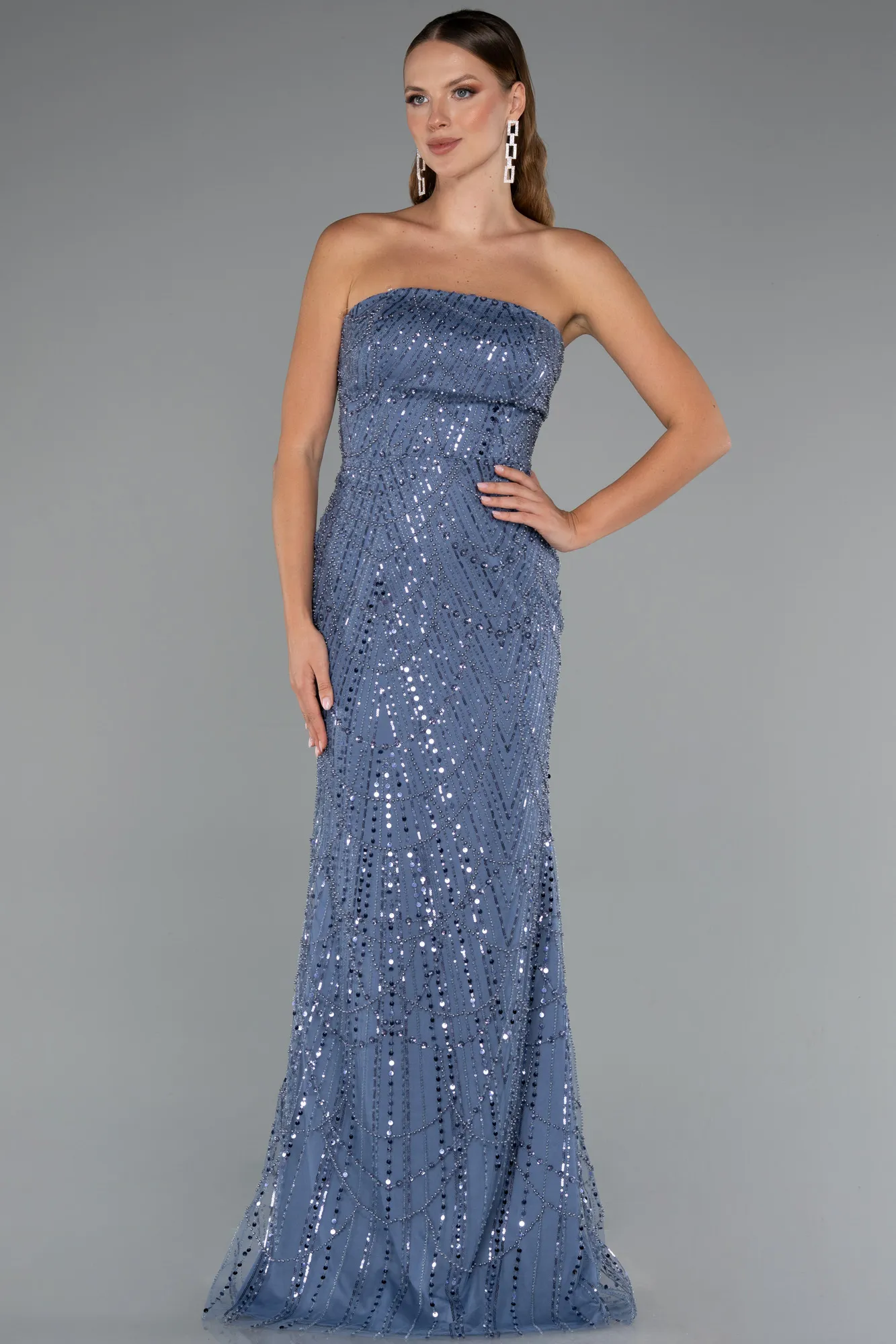 Grey-Indigo-Long Beaded Evening Dress ABU5141