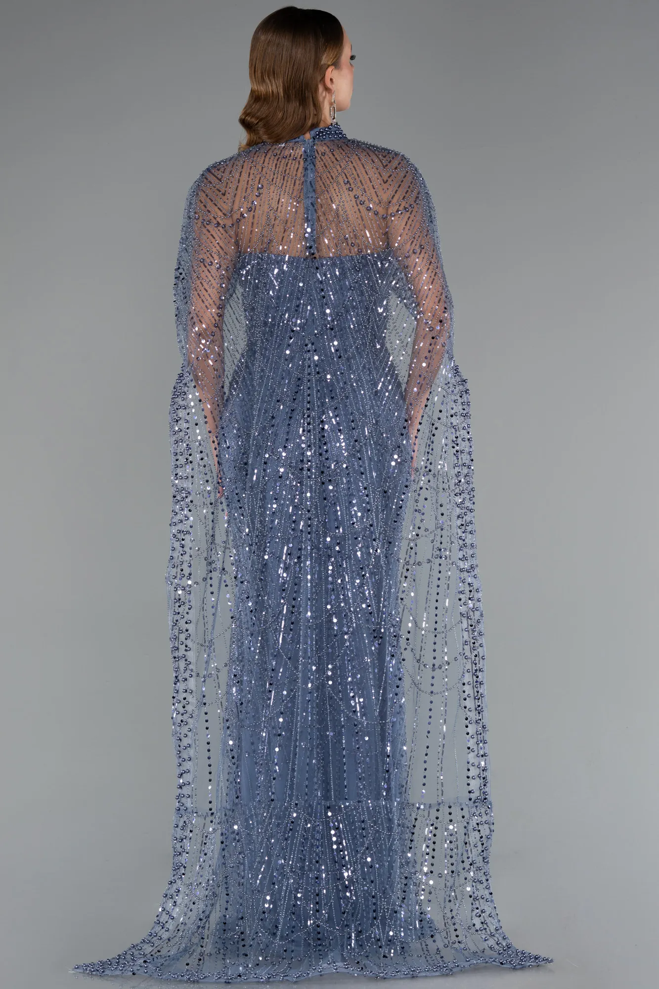 Grey-Indigo-Long Beaded Evening Dress ABU5141