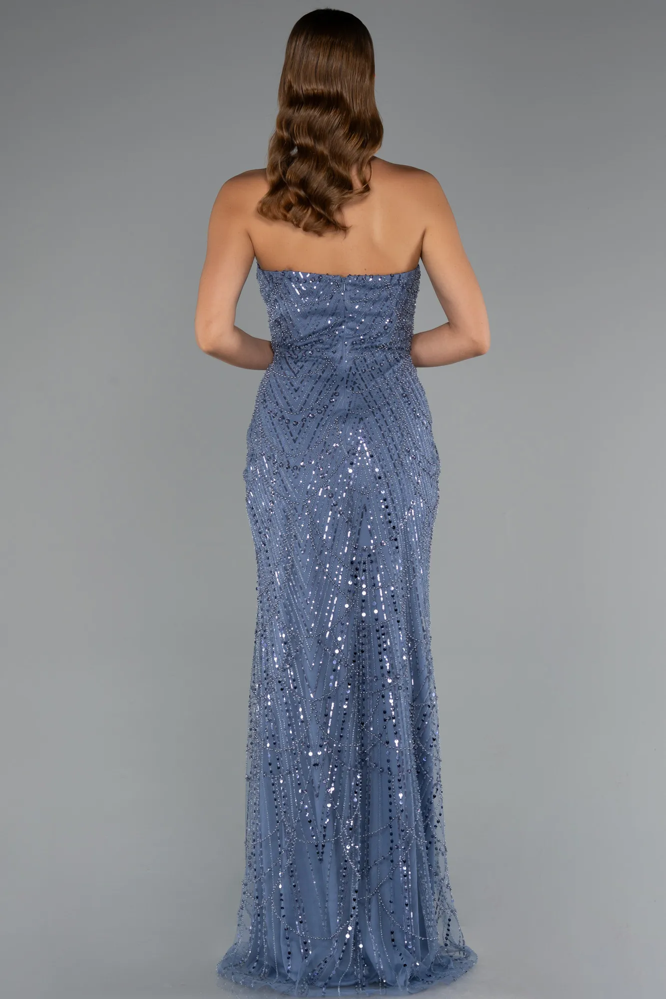 Grey-Indigo-Long Beaded Evening Dress ABU5141