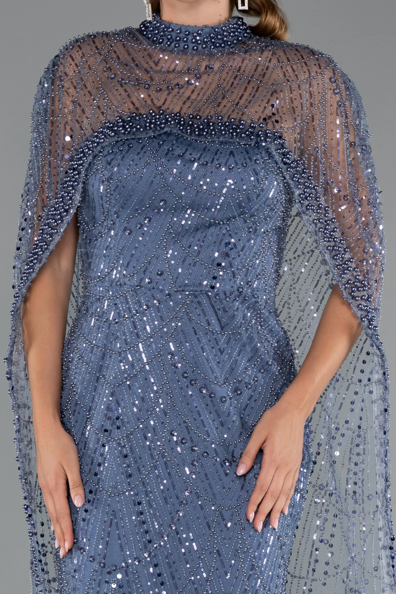 Grey-Indigo-Long Beaded Evening Dress ABU5141