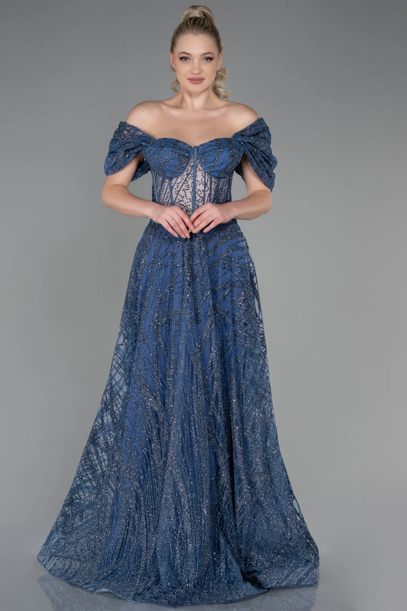 Grey-Indigo-Long Evening Dress ABU3261