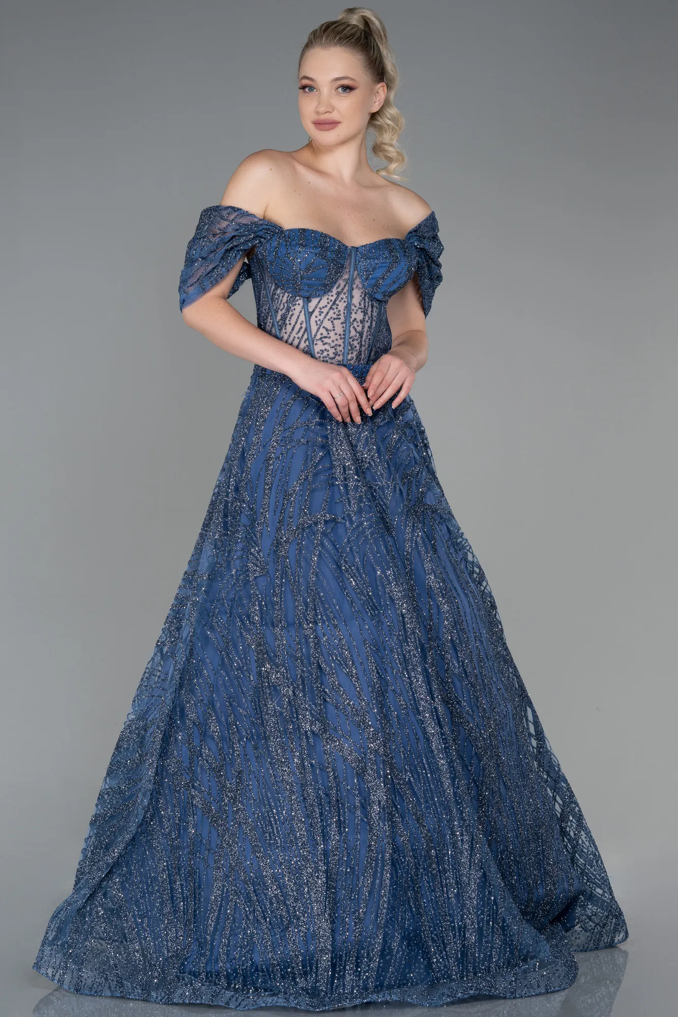 Grey-Indigo-Long Evening Dress ABU3261