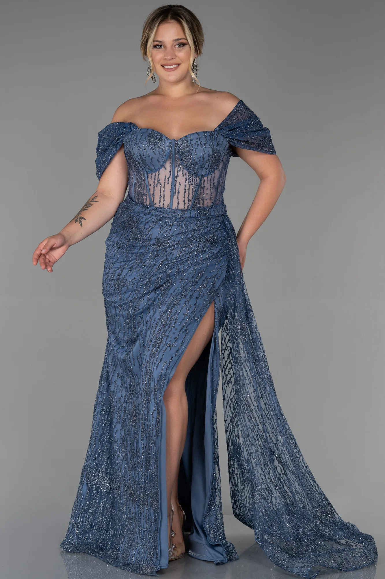 Grey-Indigo-Long Plus Size Evening Dress ABU3097