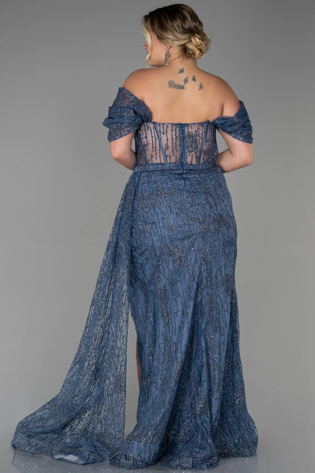 Grey-Indigo-Long Plus Size Evening Dress ABU3097