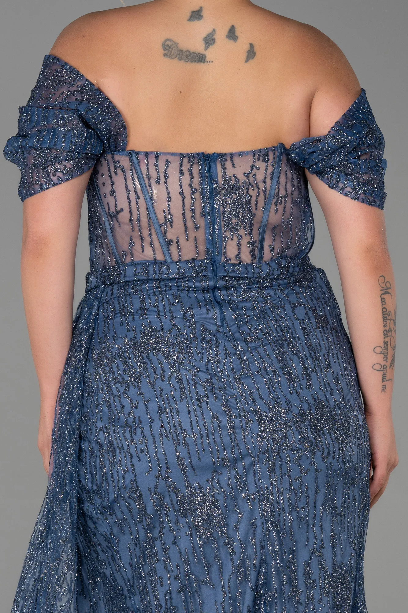 Grey-Indigo-Long Plus Size Evening Dress ABU3097