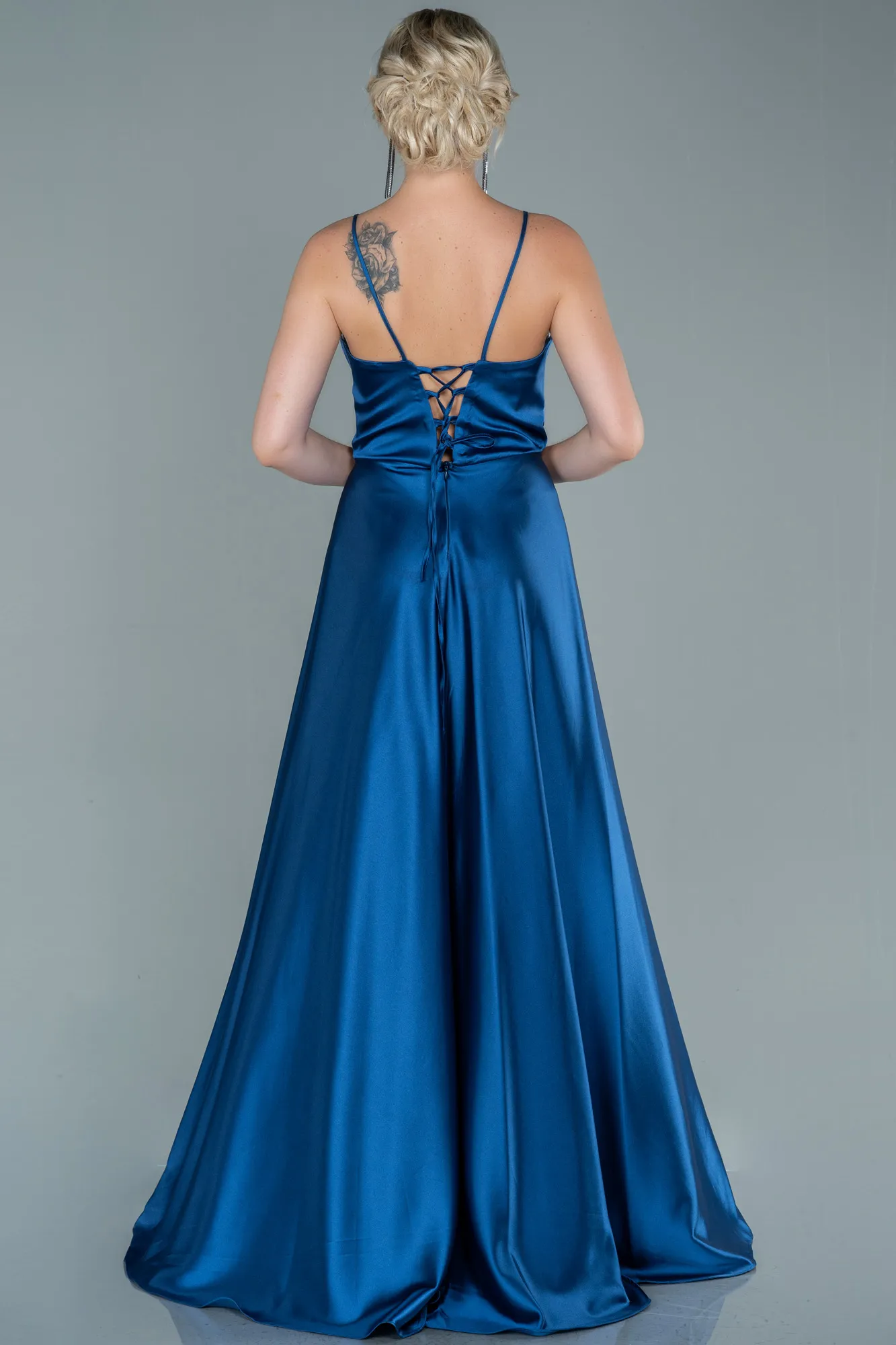 Grey-Indigo-Long Satin Evening Dress ABU1458