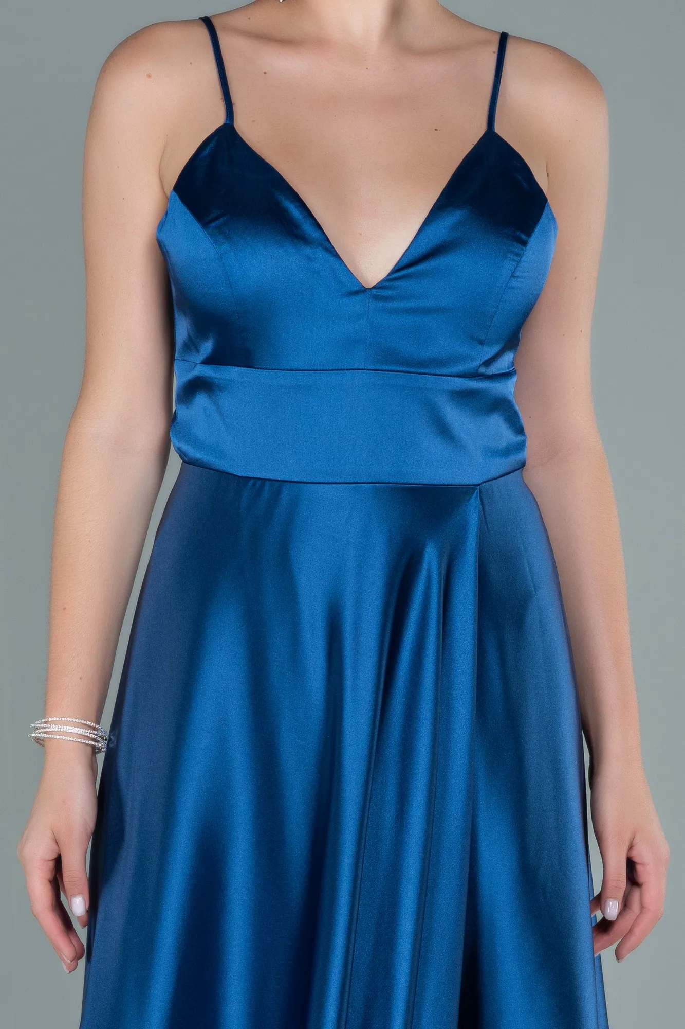 Grey-Indigo-Long Satin Evening Dress ABU1458