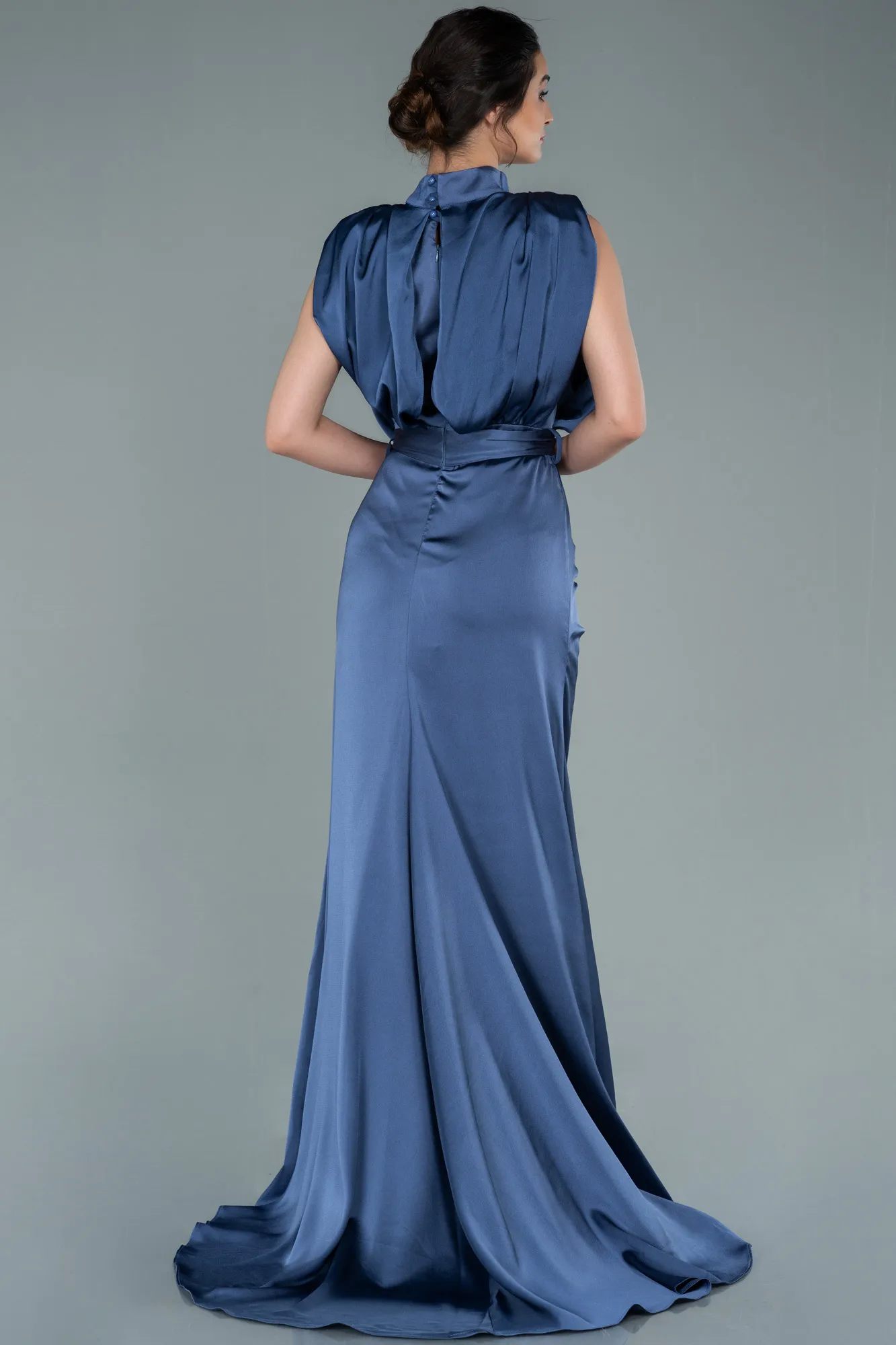 Grey-Indigo-Long Satin Evening Dress ABU2133