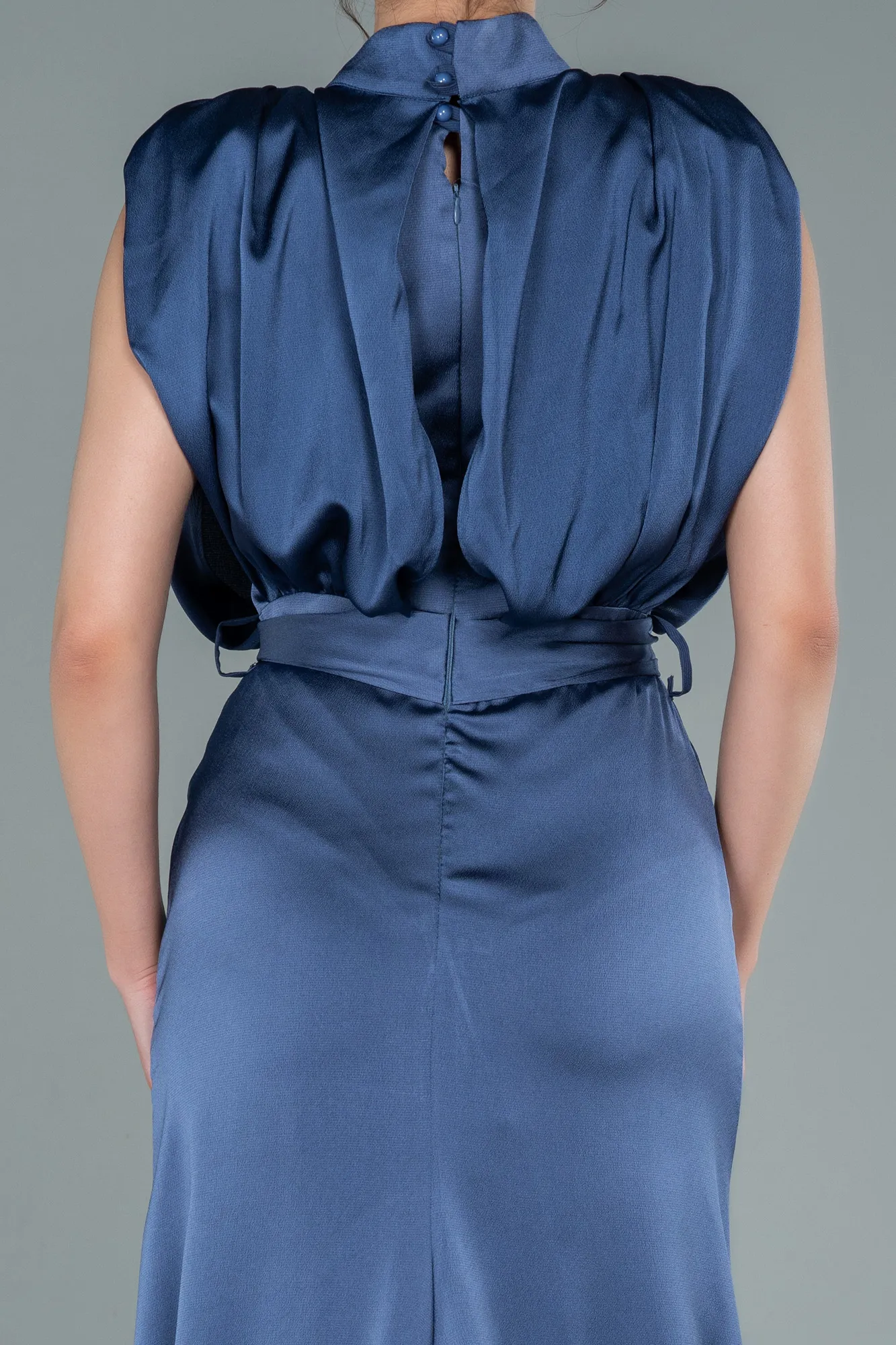 Grey-Indigo-Long Satin Evening Dress ABU2133