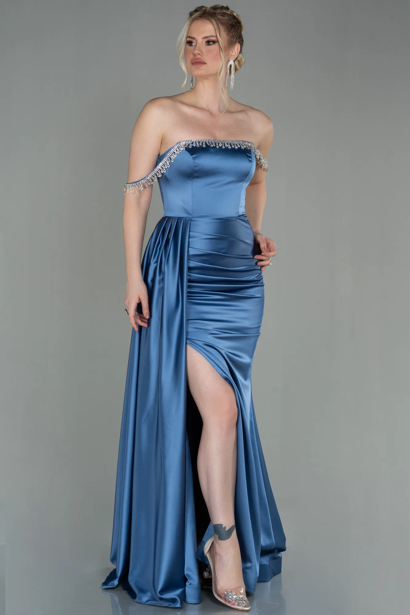 Grey-Indigo-Long Satin Evening Dress ABU2618