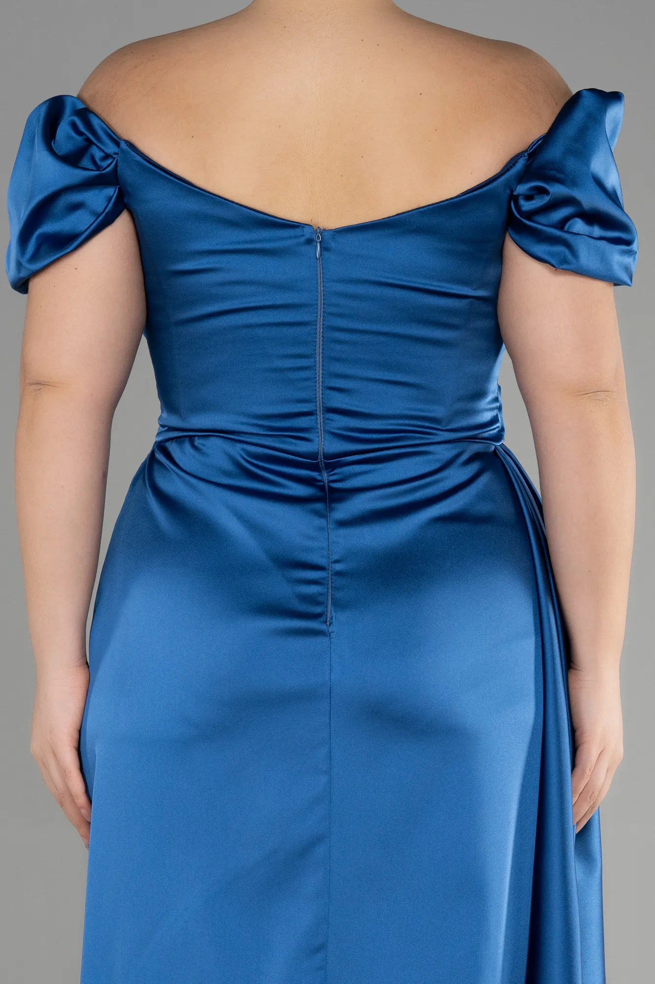Grey-Indigo-Long Satin Plus Size Evening Dress ABU1626