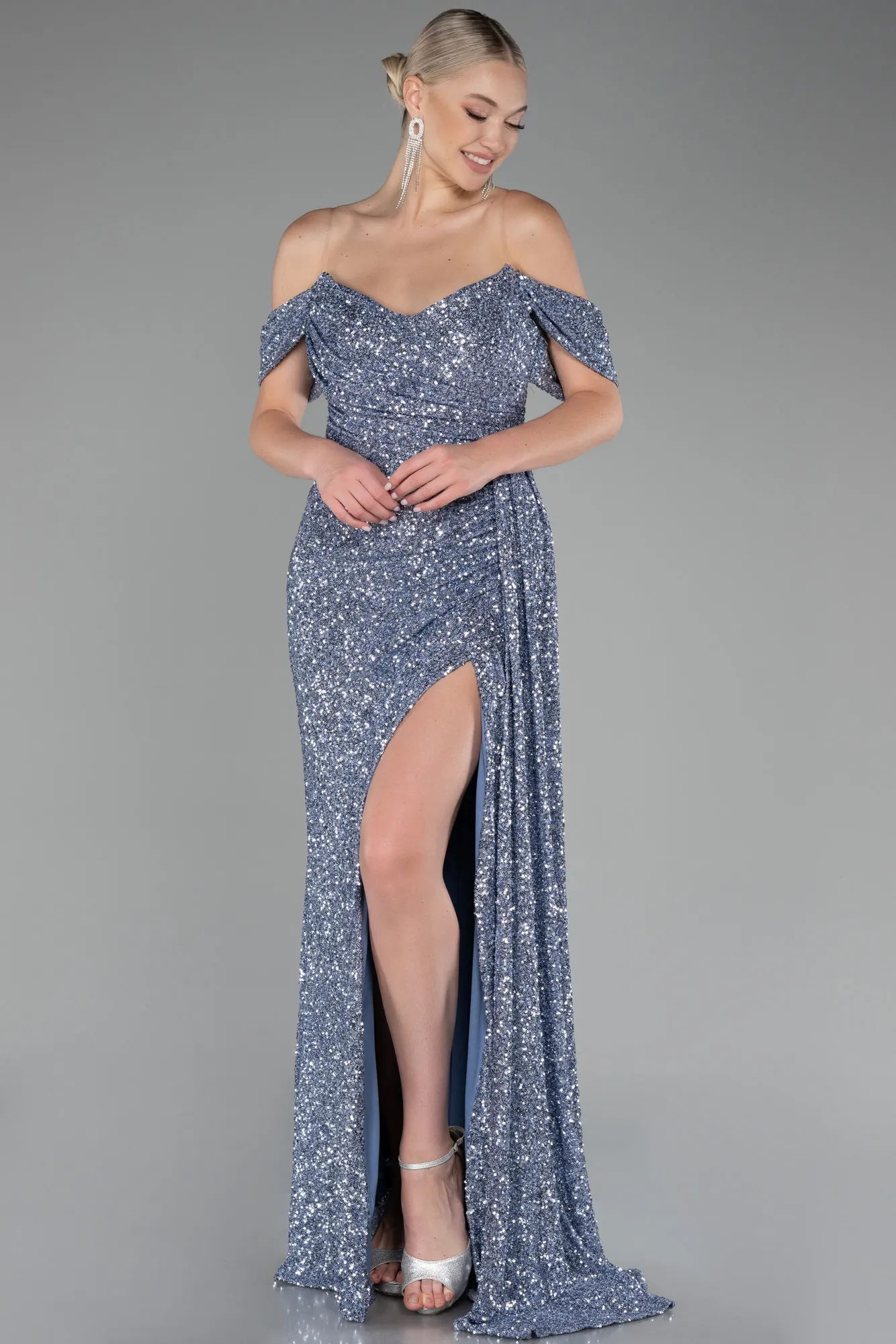 Grey-Indigo-Off Shoulder Boat Neck Slit Sequined Long Evening Gown ABU4074