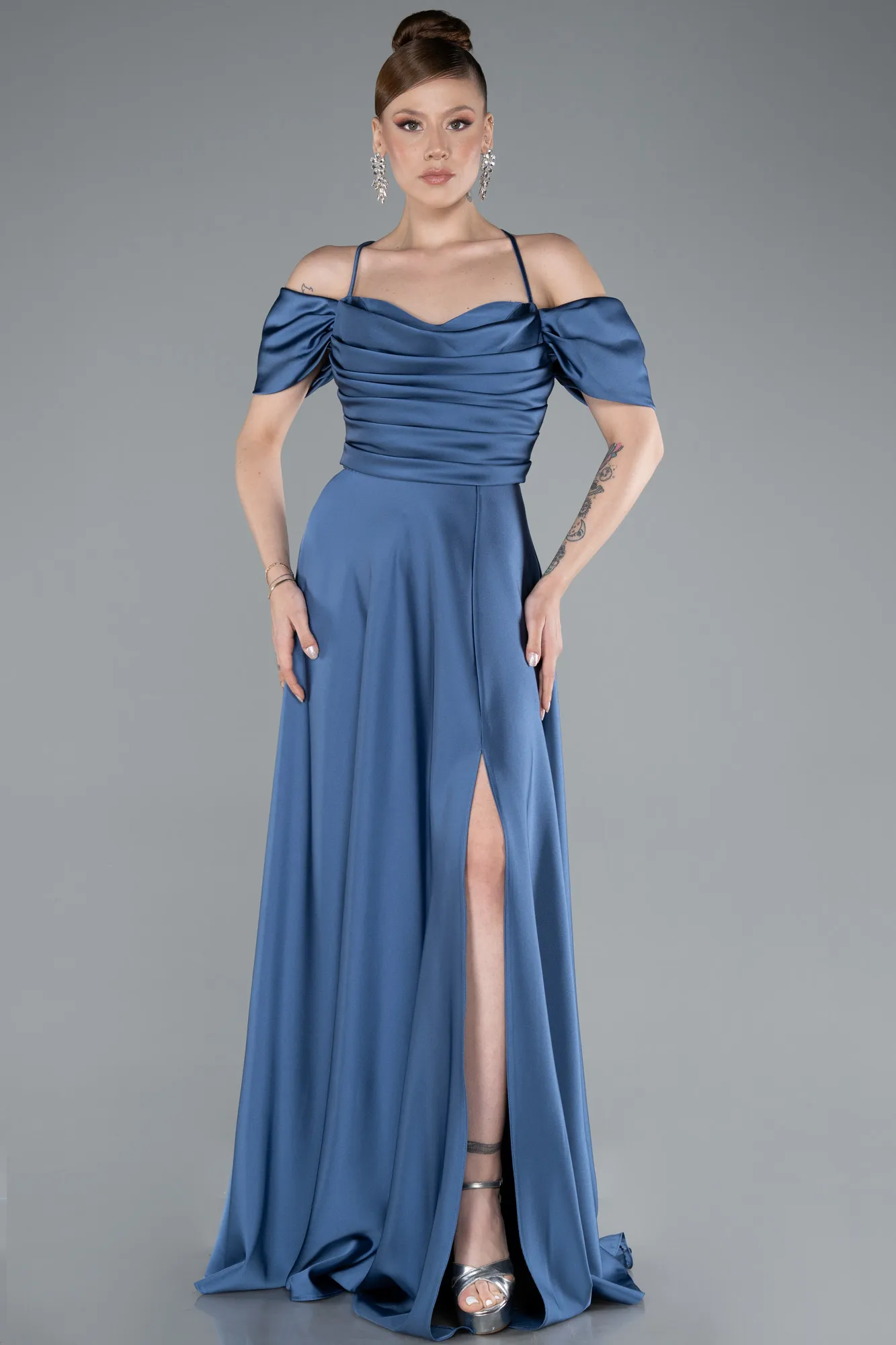 Grey-Indigo-Off The Shoulder Slit Long Satin Prom Dress ABU4703