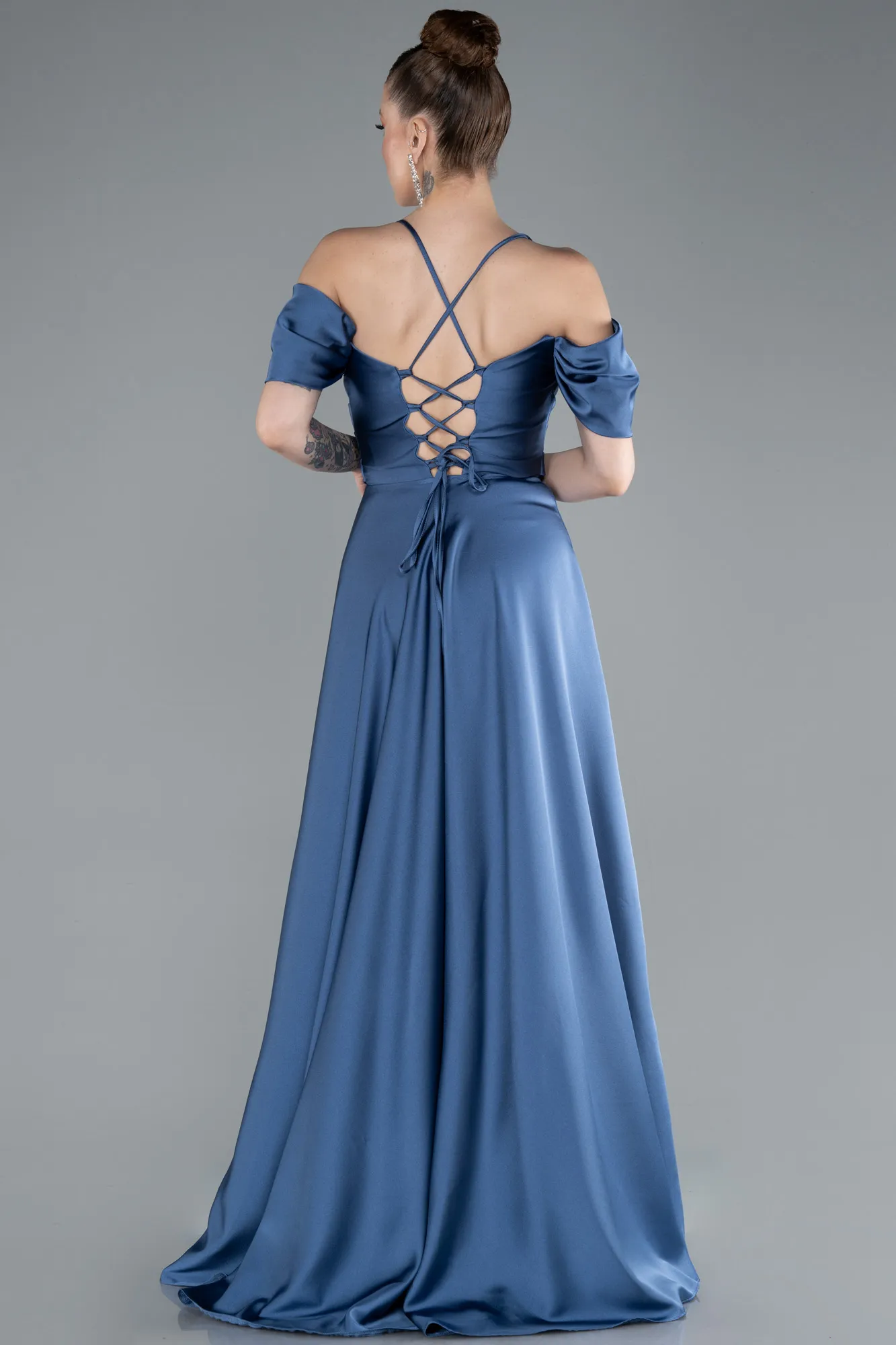 Grey-Indigo-Off The Shoulder Slit Long Satin Prom Dress ABU4703