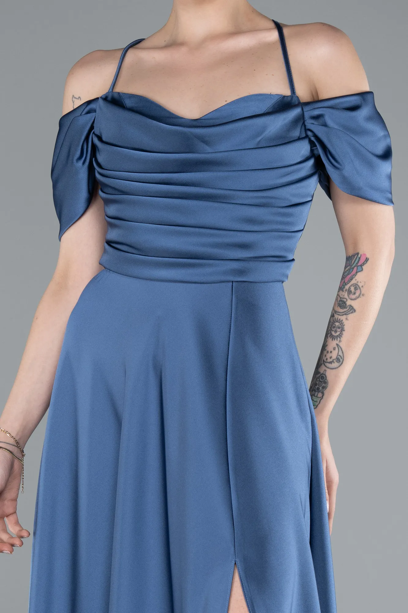 Grey-Indigo-Off The Shoulder Slit Long Satin Prom Dress ABU4703