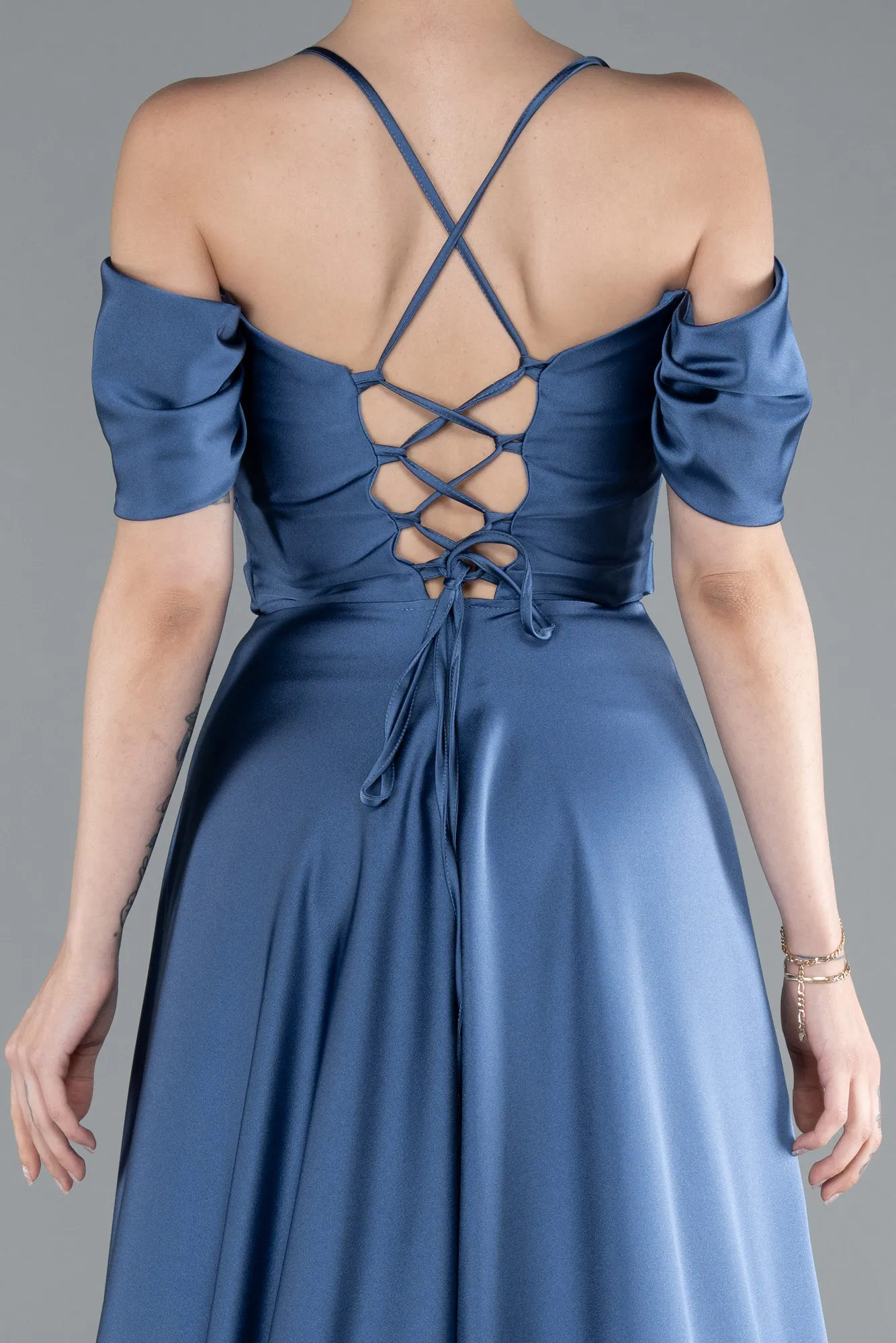 Grey-Indigo-Off The Shoulder Slit Long Satin Prom Dress ABU4703