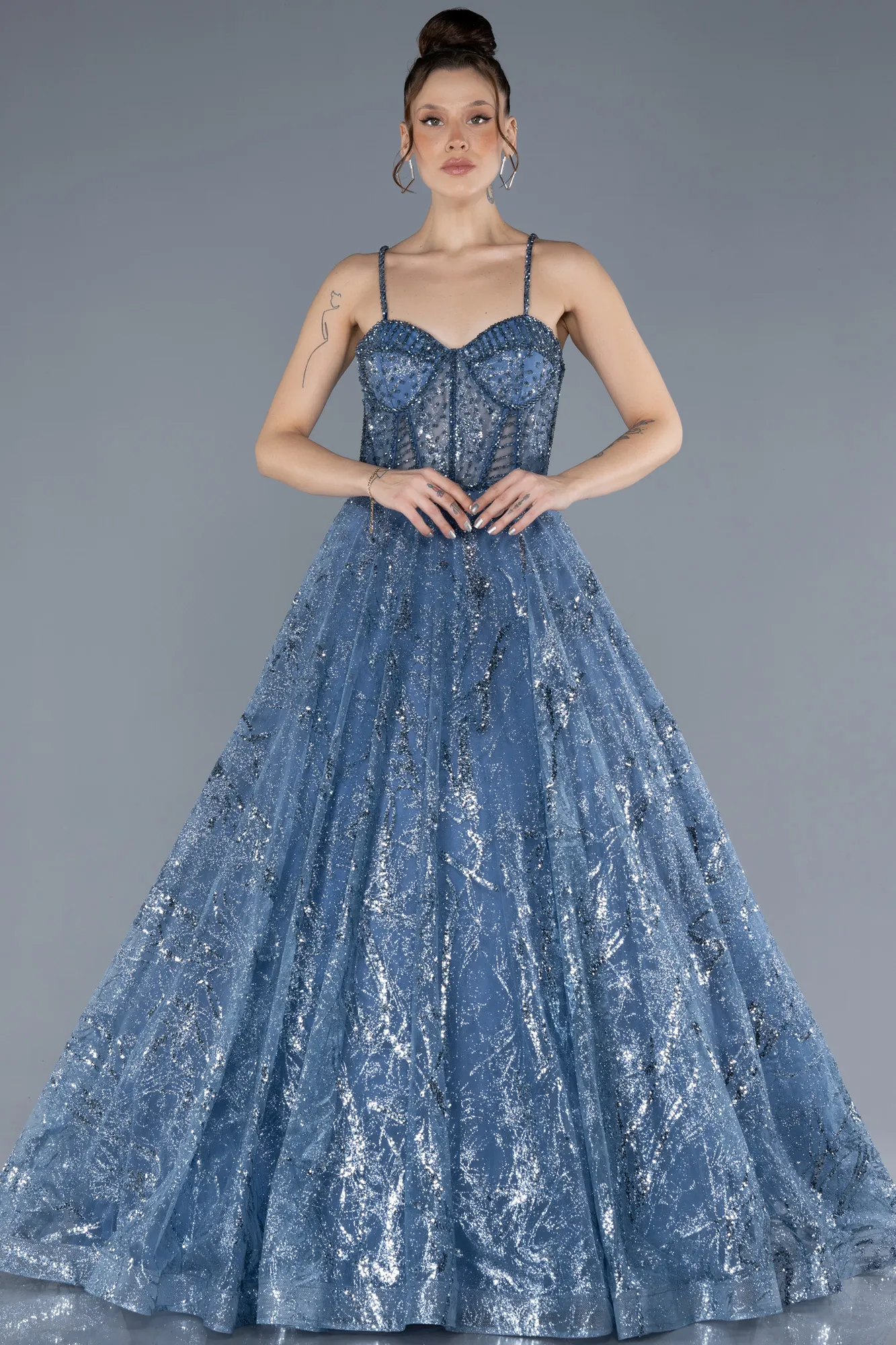 Grey-Indigo-Strappy Glitter Long Ball Gown ABU3839