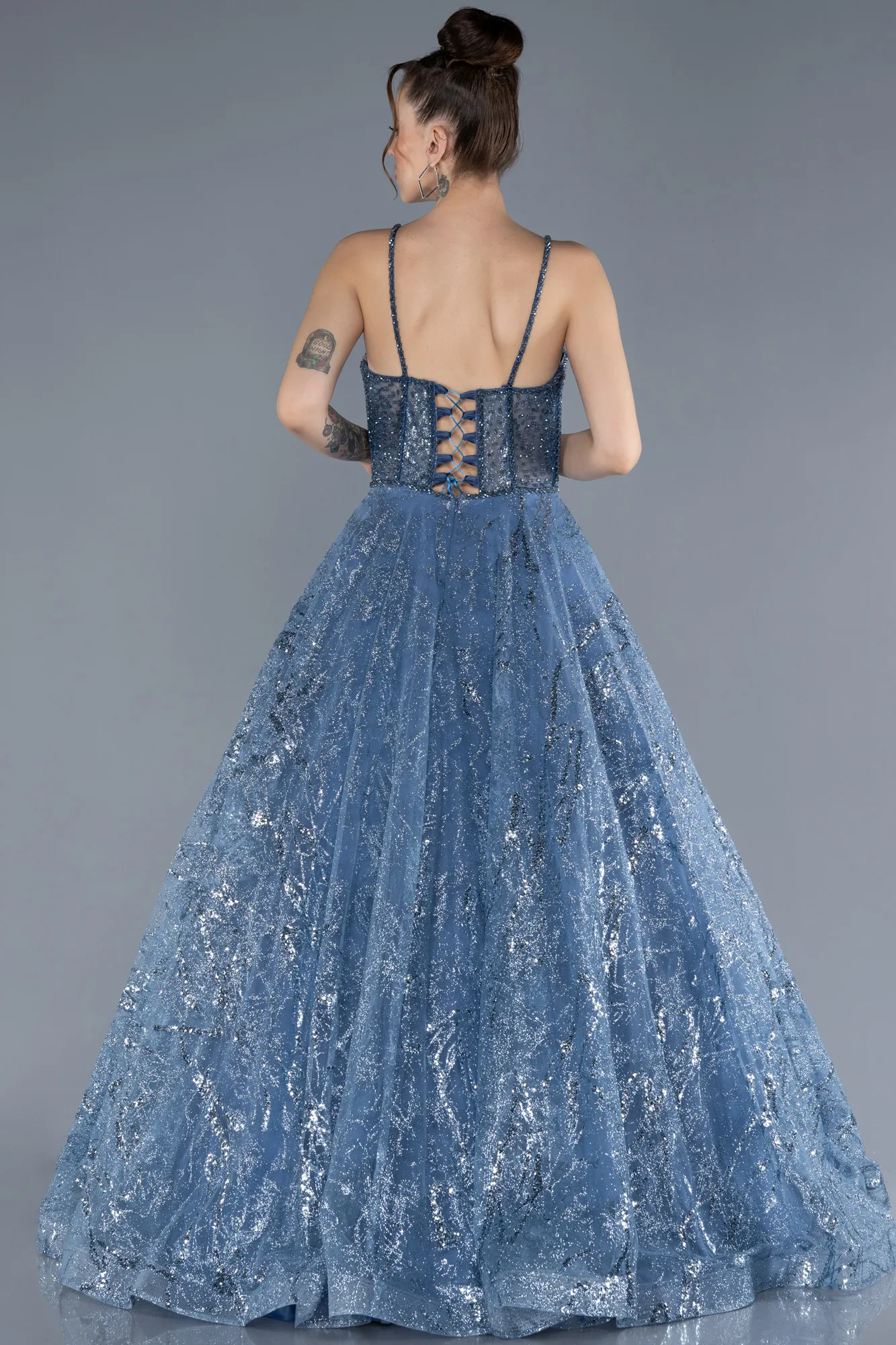 Grey-Indigo-Strappy Glitter Long Ball Gown ABU3839