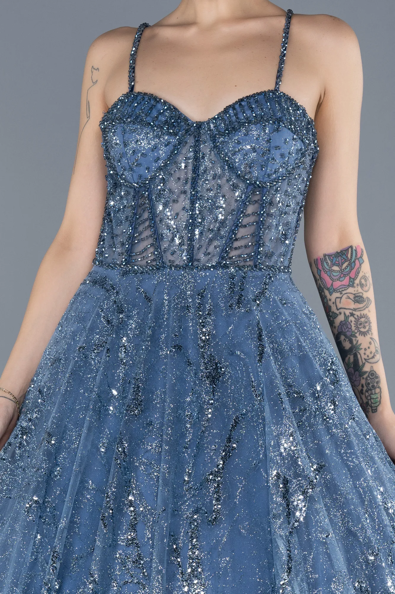 Grey-Indigo-Strappy Glitter Long Ball Gown ABU3839
