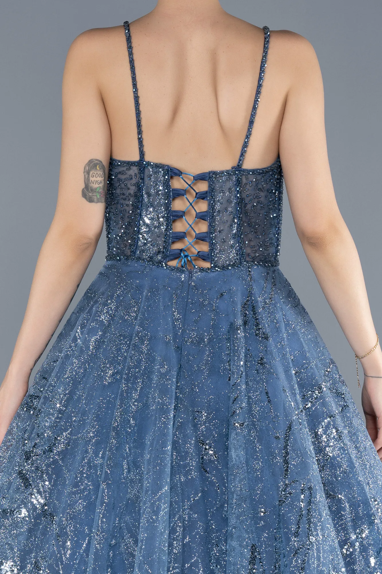 Grey-Indigo-Strappy Glitter Long Ball Gown ABU3839
