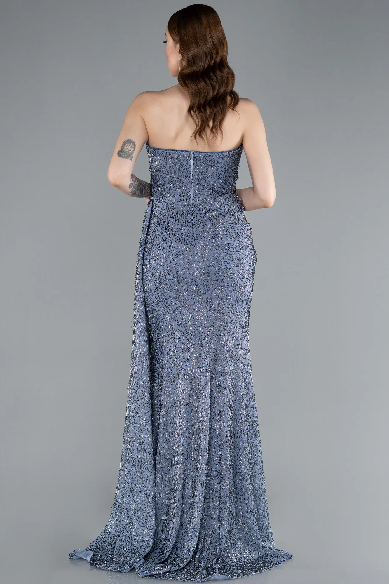 Grey-Indigo-Strapless Beaded Slit Long Evening Gown ABU4871