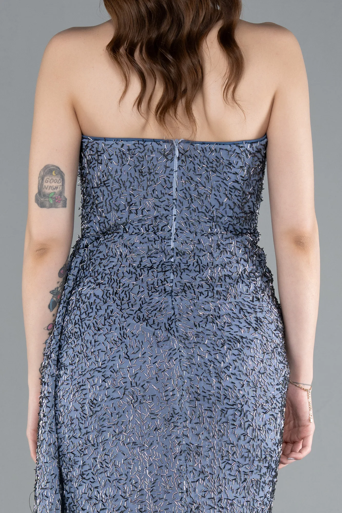 Grey-Indigo-Strapless Beaded Slit Long Evening Gown ABU4871